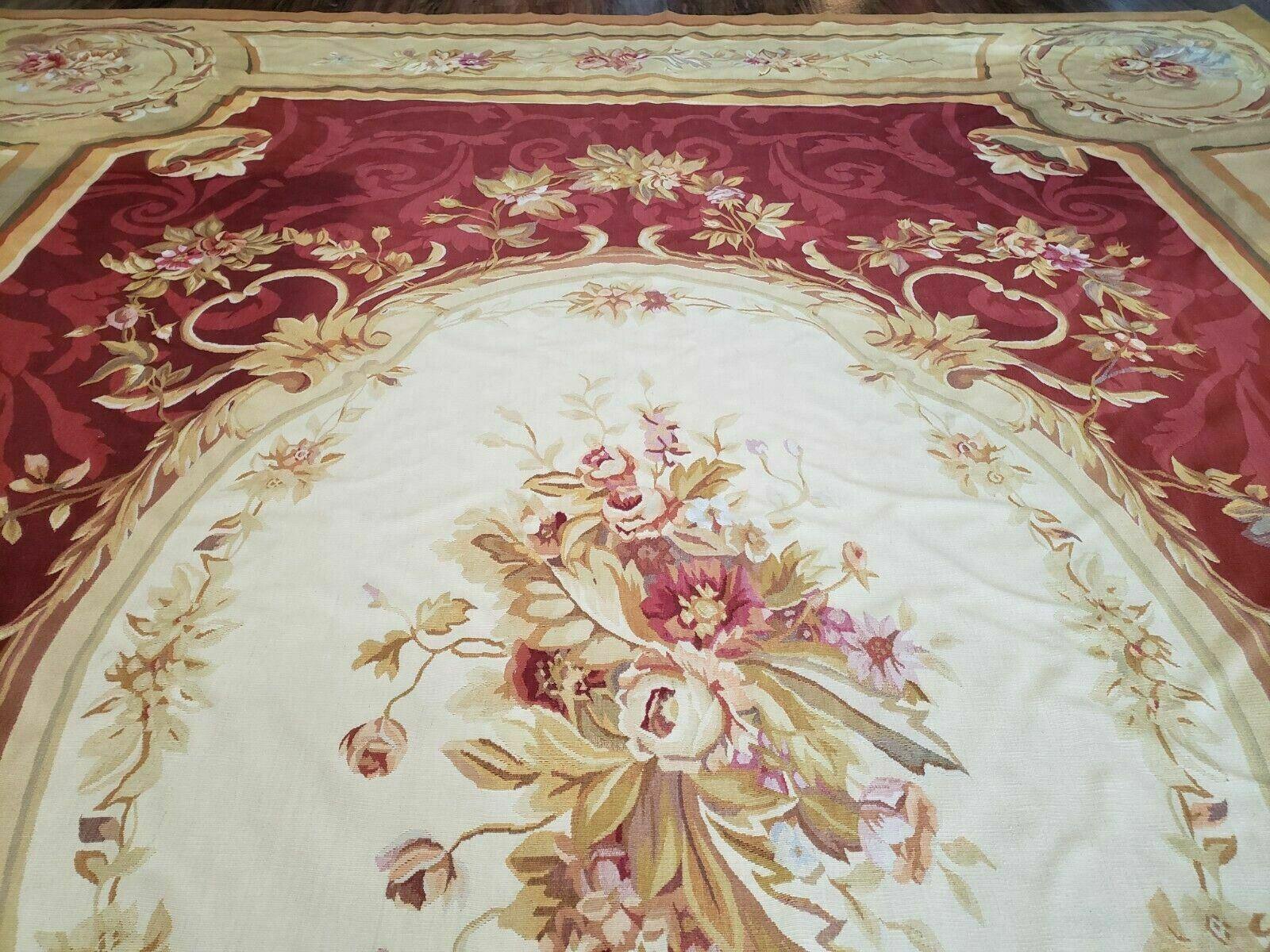 12' X 15' Hand Made French Aubusson Weave Rug Wool Savonnerie Design Red Wow - Jewel Rugs