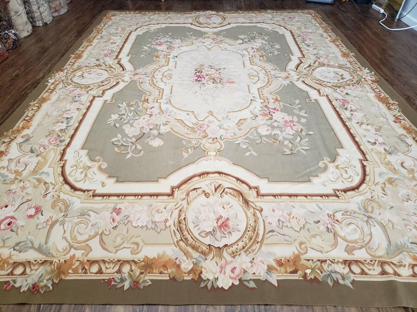 9' X 12' Handmade Aubusson Weave Needllepoint Flat Pile Wool Rug Beige Olive - Jewel Rugs