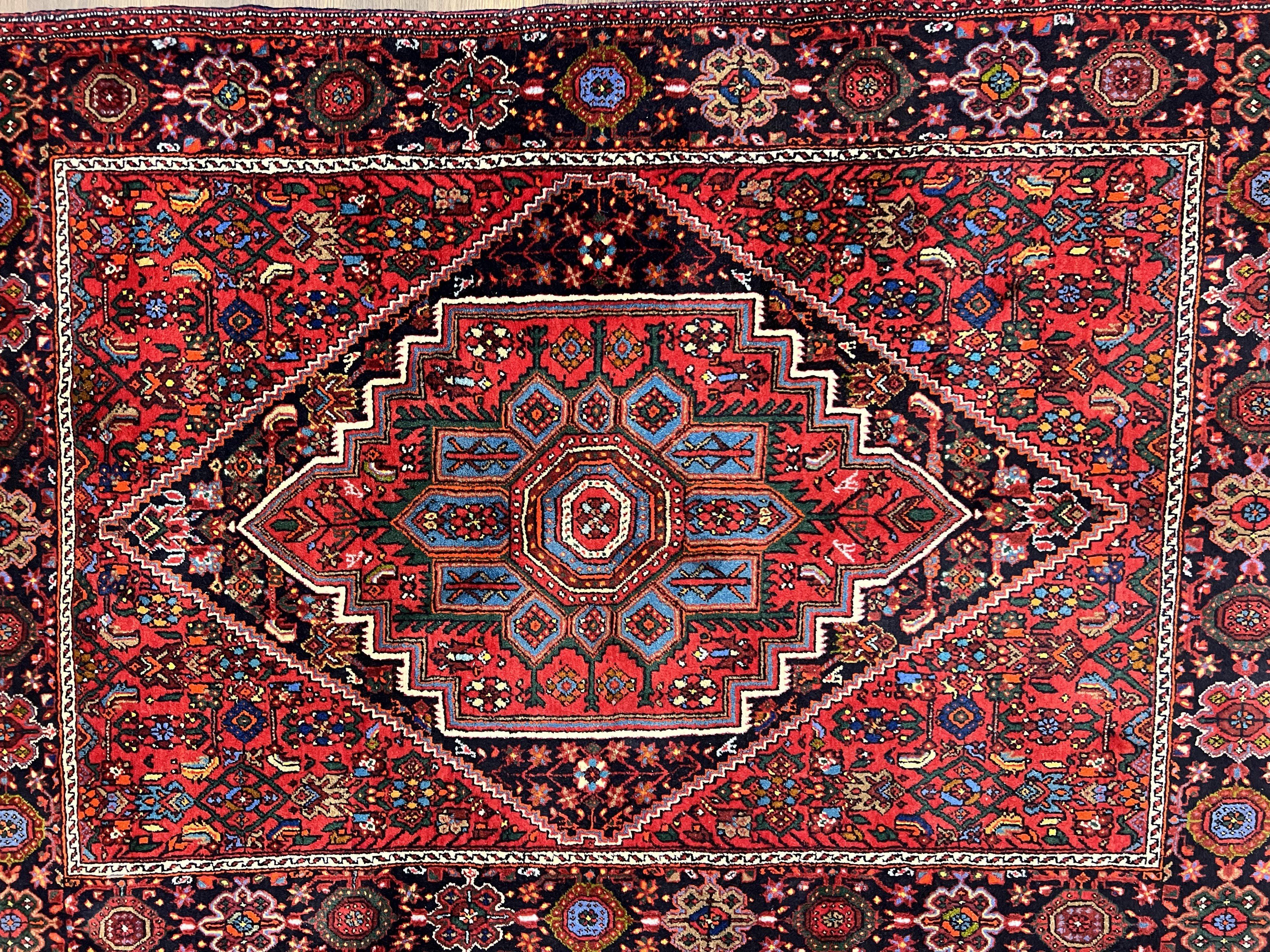 Fine Persian Bidjar Rug 3x5 ft, Ruby Red and Black, Geometric Medallion, Hand Knotted Semi Antique Oriental Bijar Carpet, Wool Area Rug, Tribal Rug - Jewel Rugs