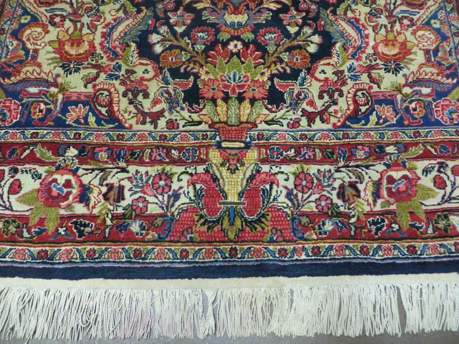 Persian Sarouk Rug 4x7, Hand Knotted Oriental Carpet 4 x 7 ft, Dark Blue Cream Red Floral Wool Rug, Semi Antique 1950s Persian Area Rug, Handmade - Jewel Rugs