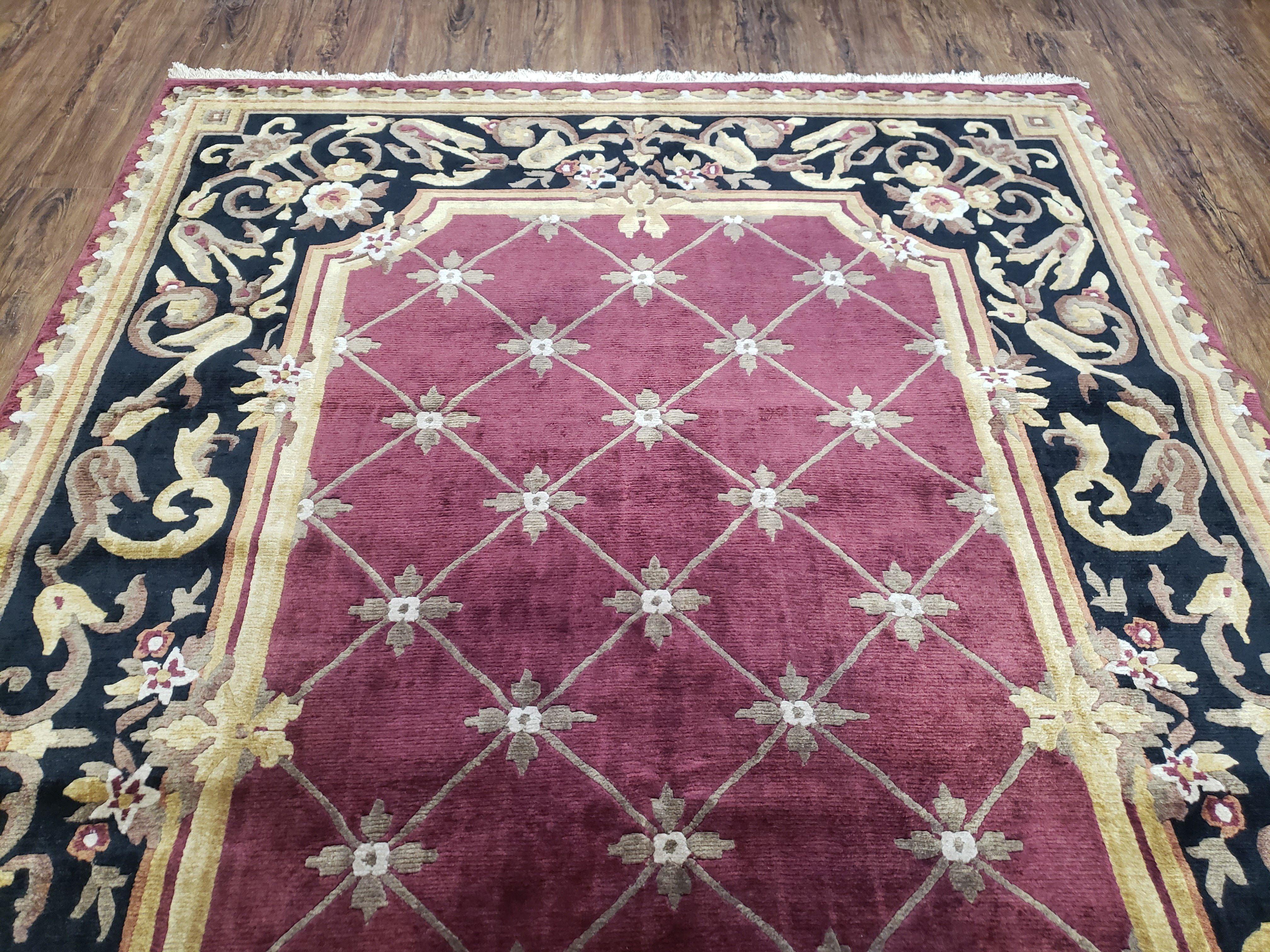 Vintage Aubusson Rug 6x9, Hibiscus Red Black & Gold Wool Hand-Knotted Carpet, 6 x 9 Small Elegant Dinning Room Area Rug, New Zealand Wool - Jewel Rugs