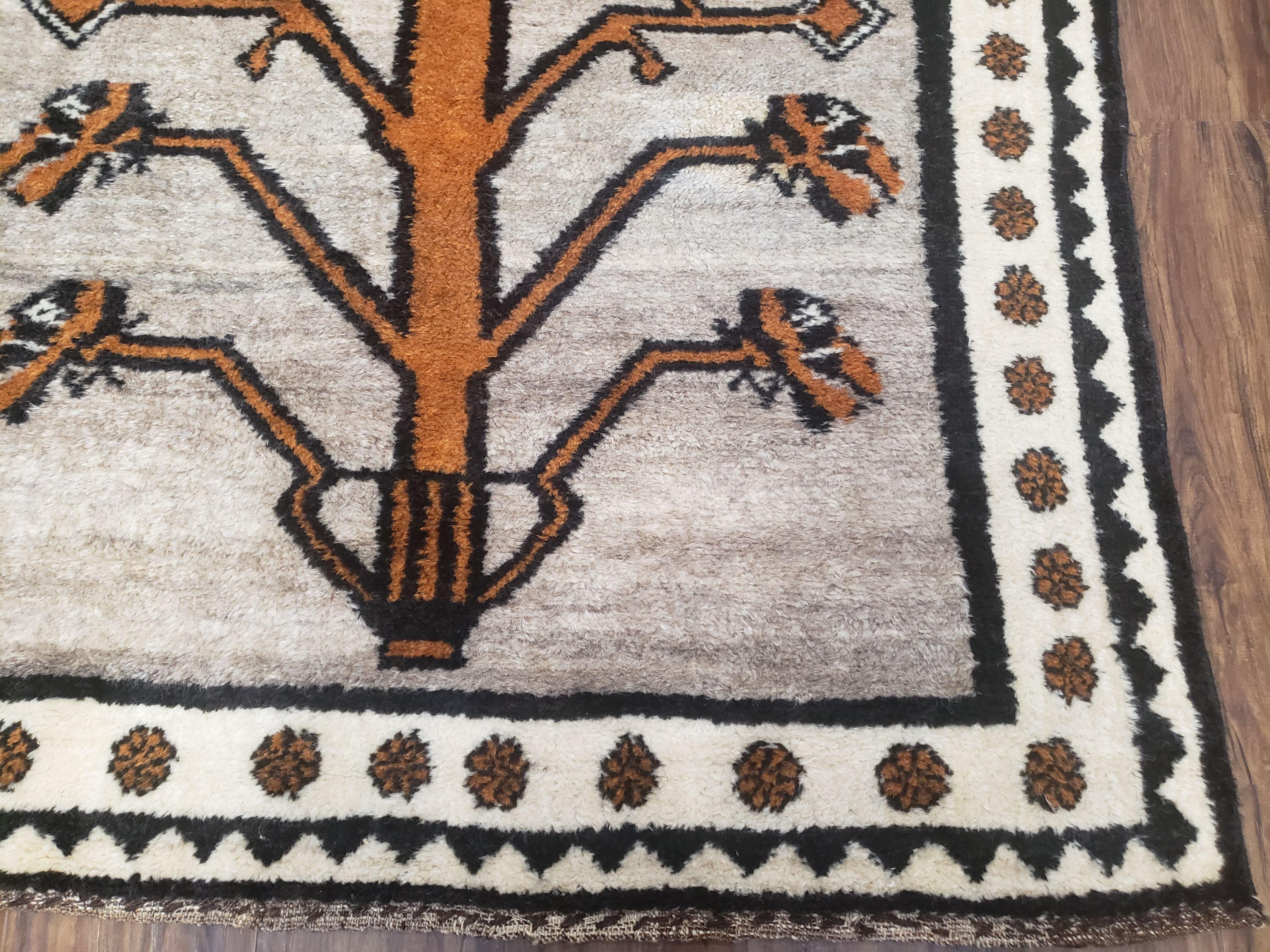 Unique Vintage Gabbeh Tree of Life Rug, Gray, Hand-Knotted, 4'3" x 7' 4" - Jewel Rugs