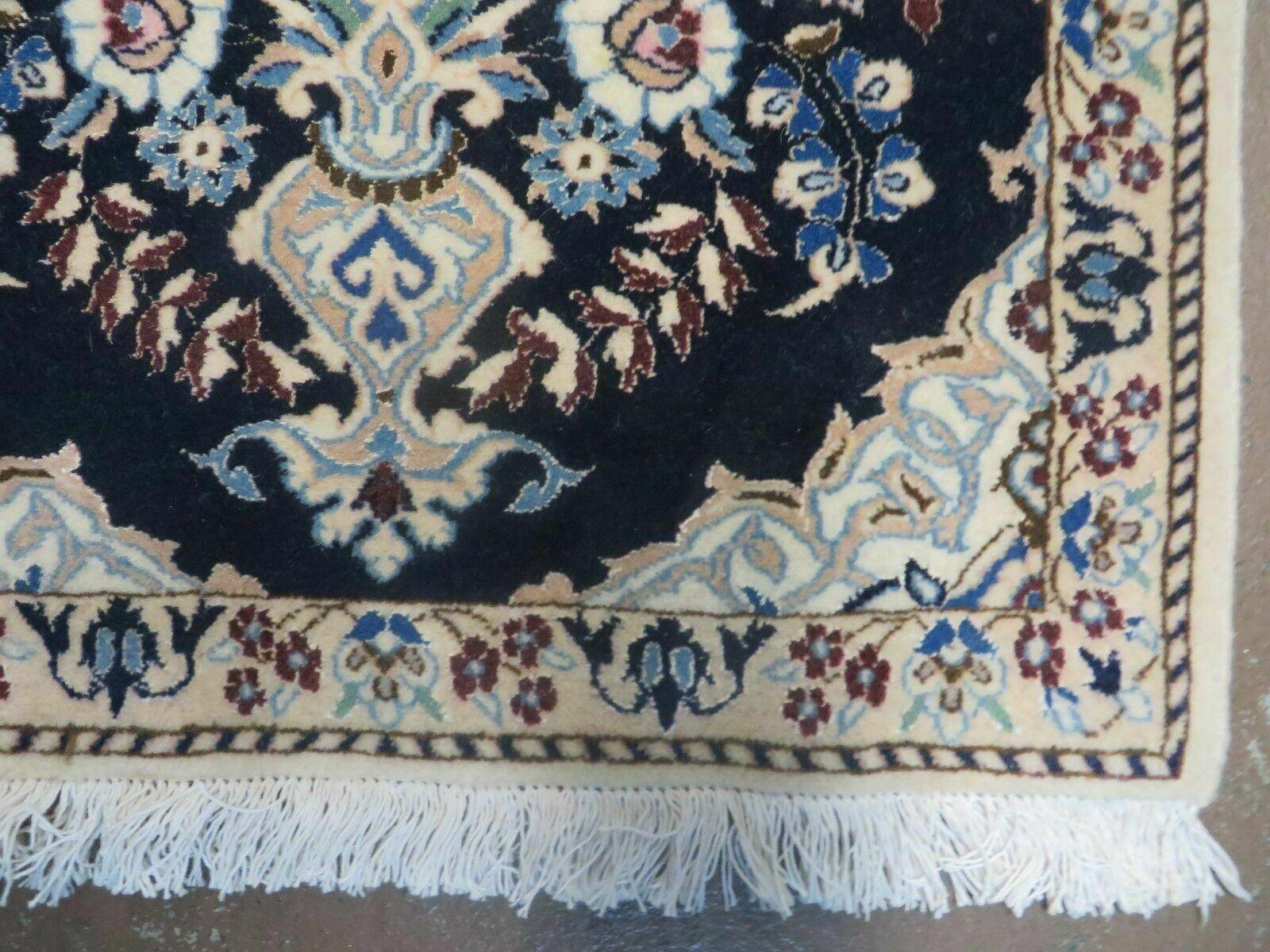 Fine Persian Runner 1.8 x 5, Persian Nain Carpet, Short Runner 5ft Long, Hand Knotted Wool and Silk Antique Rug, Floral Vases, Navy Blue and Ivory, Luxury Rug - Jewel Rugs