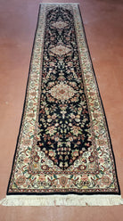 Traditional Oriental Runner Rug, 12ft Long Hallway Carpet, 2.5 ft Wide Black & Ivory Persian Runner, 2' 7" x 12", Hand Knotted Wool Vintage - Jewel Rugs