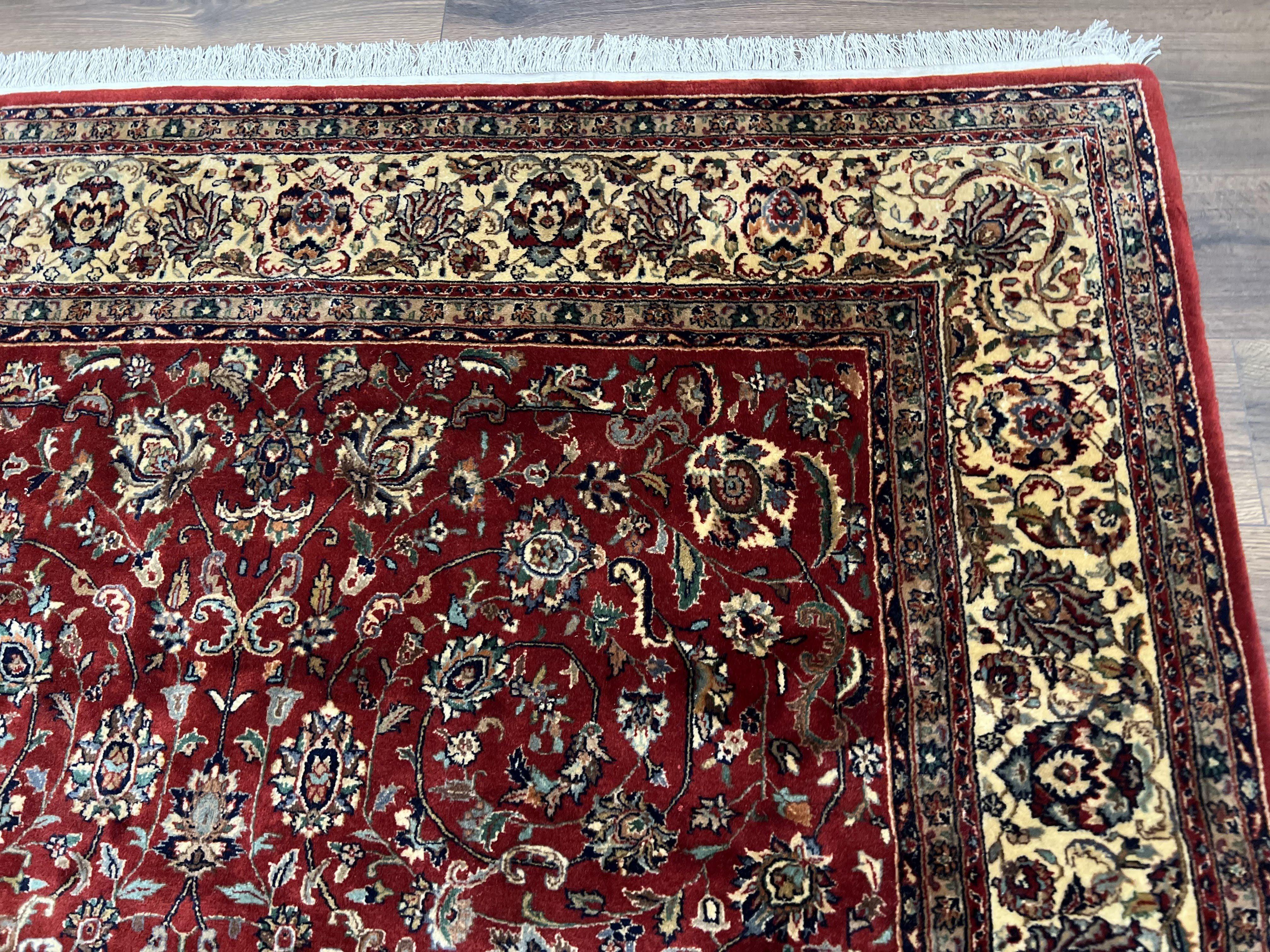 Vintage Indo Persian Rug 6x9, Very Finely Hand-Knotted Carpet 6 x 9 Red Cream Indian Oriental Carpet, Traditional Floral Wool Area Rug 1970s - Jewel Rugs