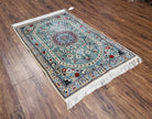 Persian Nain Rug, Green and Beige, Wool and Silk, Hand-Knotted, Floral Medallion, 2'10" x 4'3", 6-La - Jewel Rugs