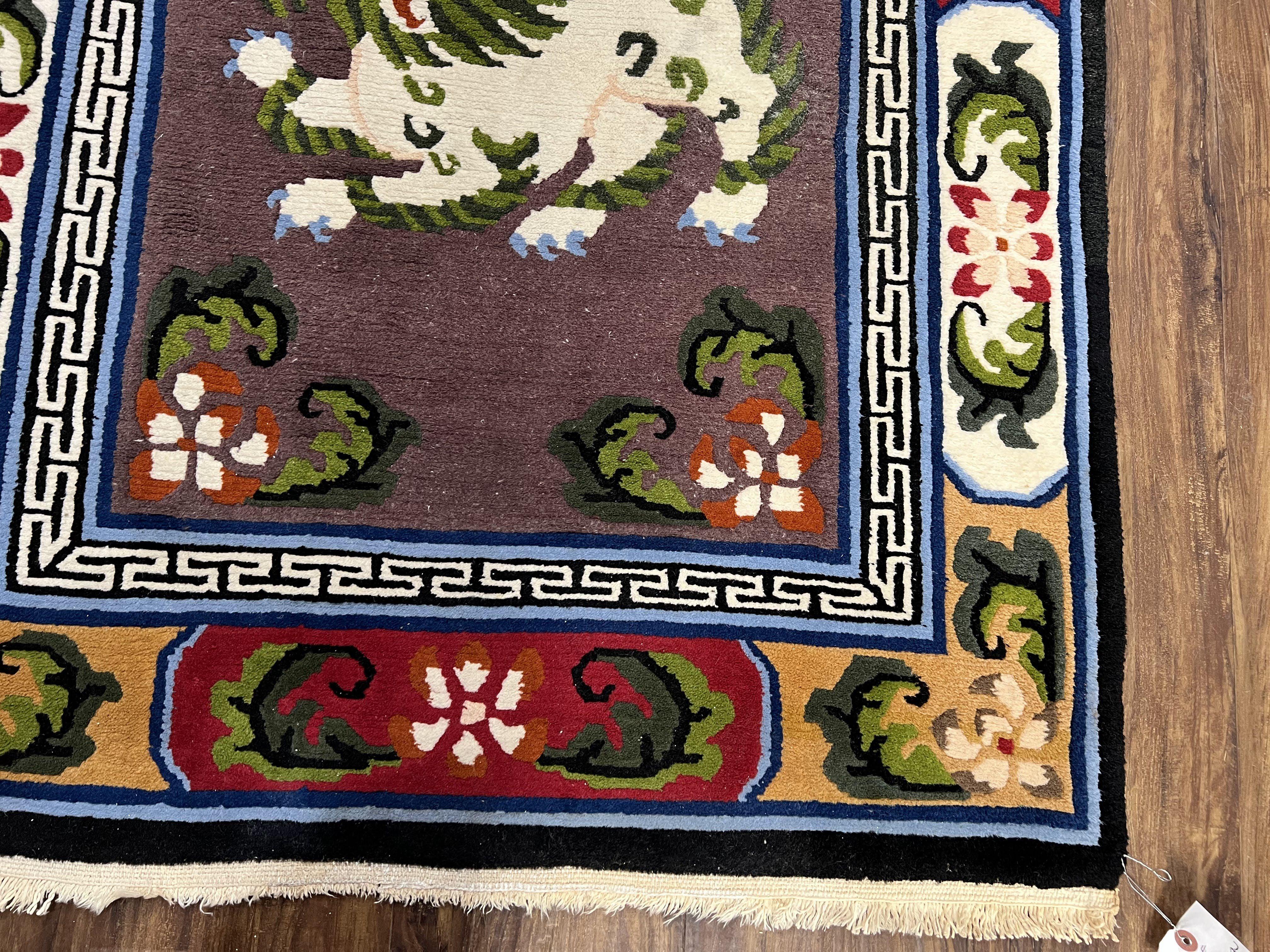 Chinese Art Deco Rug 3 x 5.5 with Animal Pictorials, Vintage Chinese Peking Wool Area Rug, Dark Puce Maroon Ivory, Hand Knotted Soft Carpet - Jewel Rugs