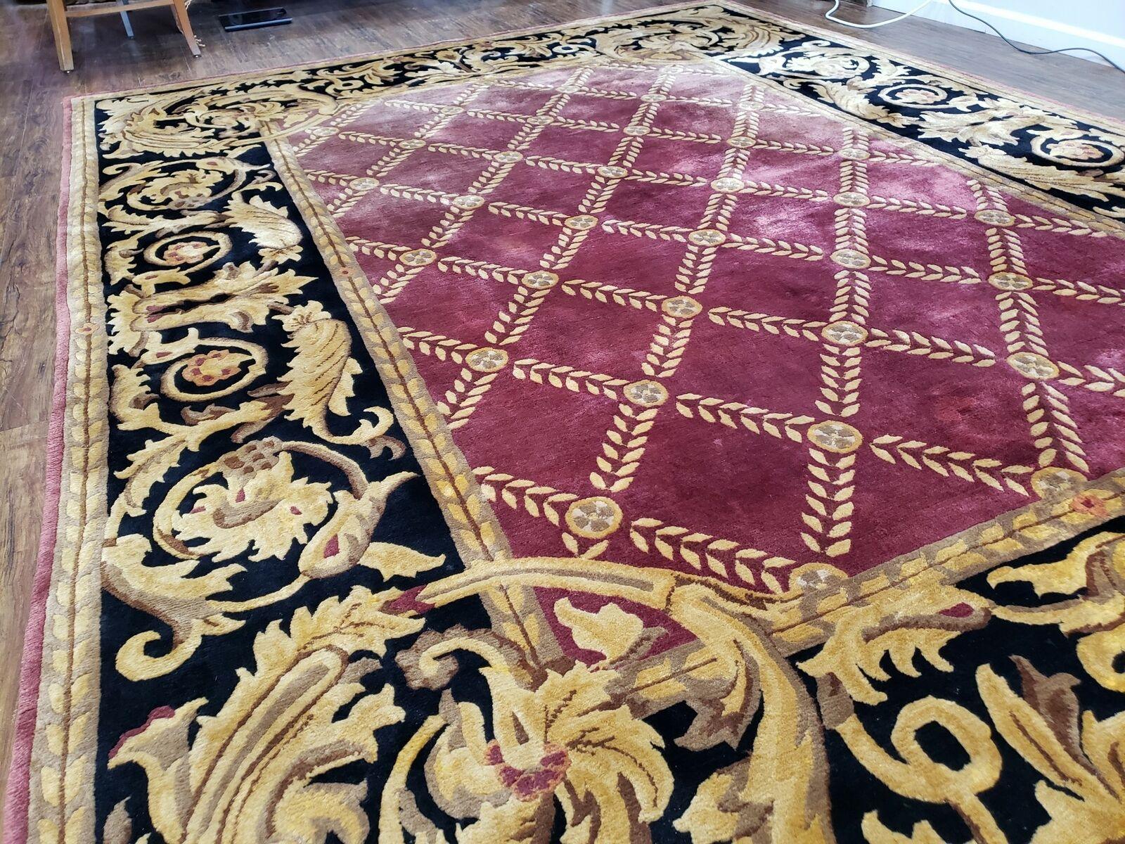 9' X 12' Handmade Tibetan Nepal Silk Wool Rug Aubusson Savonnerie Magenta Black - Jewel Rugs