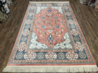 Karastan Rug 5.9 x 9 Bergama Design #737, Wool Karastan Area Rug, Vintage Carpet 6x9, Original Collection 700 Series, Salmon Red Light Blue - Jewel Rugs