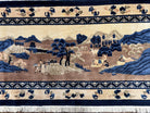 Antique Chinese Pictorial Rug 2.7 x 5, Chinese Village and Hills Carpet, Beige and Dark Blue, Handmade, Horizontal Rug Wall Hanging Tapestry - Jewel Rugs