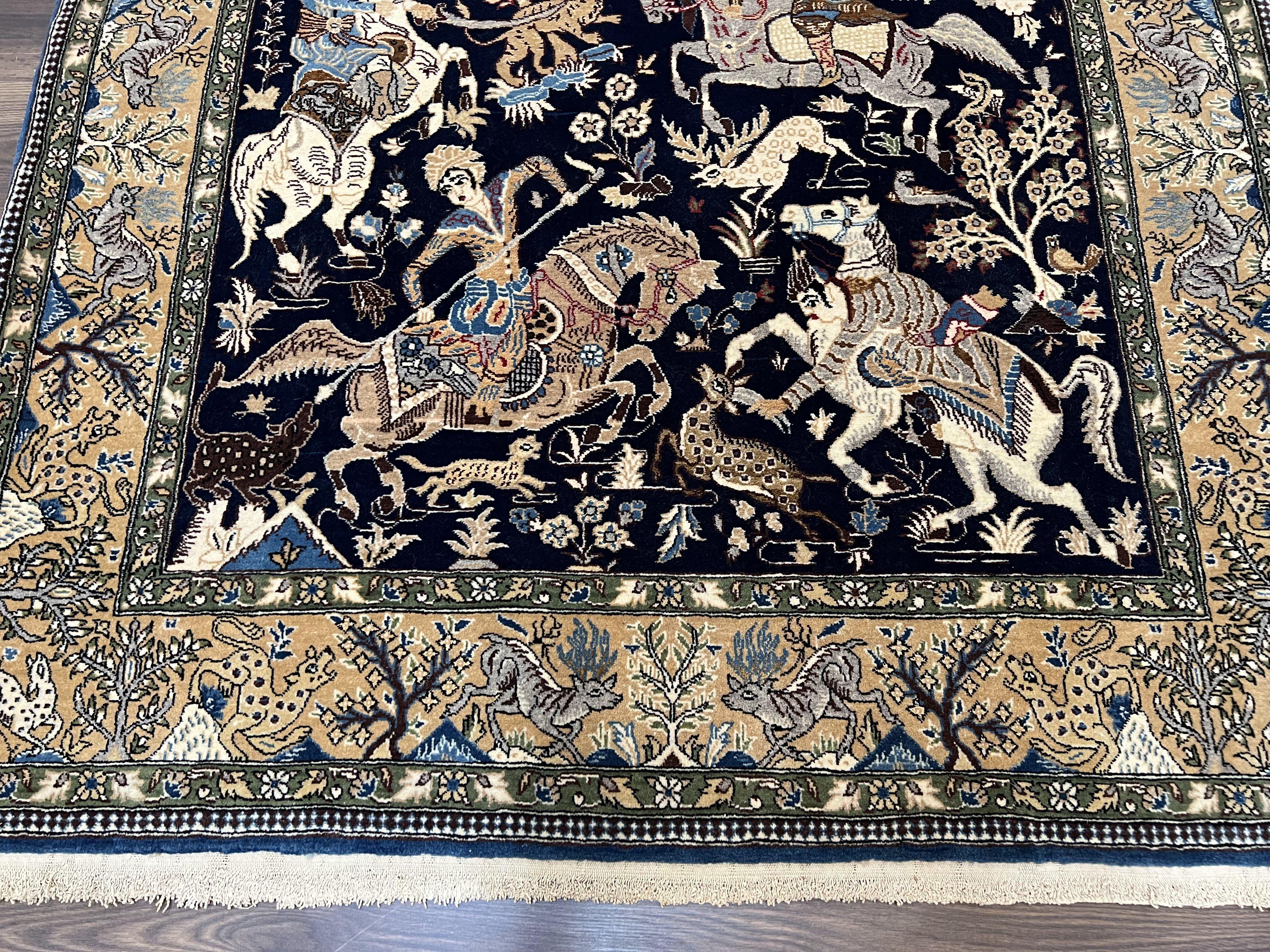 Incredible Persian Qum Rug 5x7, Hunting Design, Horses Archers Deer, Midnight Blue and Tan, Top Quality Wool Hand Knotted Vintage Persian Ghom Carpet - Jewel Rugs