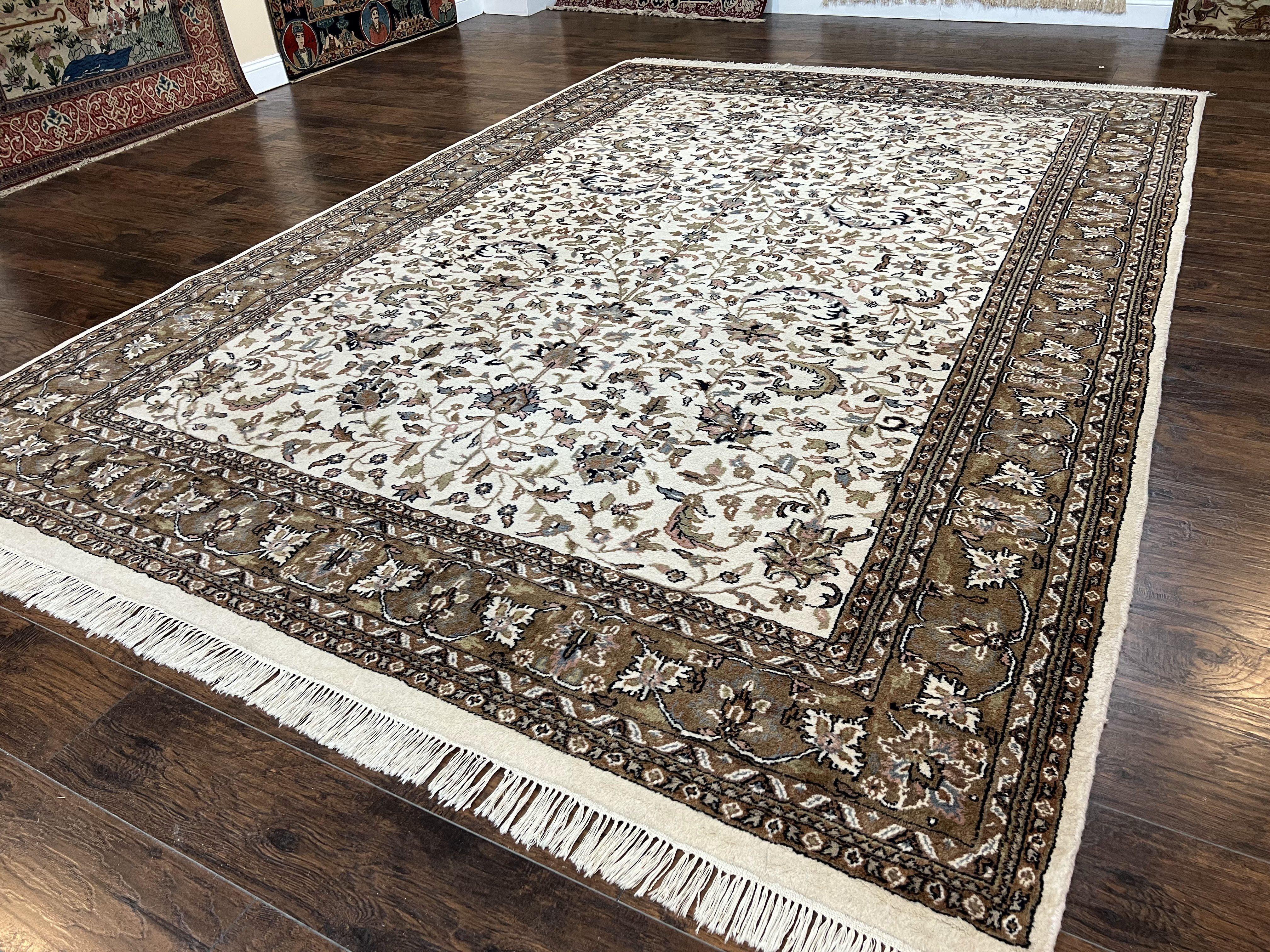 Indo Kirman Rug 8x12 Allover Floral Design, Ivory/Cream Brown, Vintage Handmade Hand Knotted Rug, Traditional Wool Persian Carpet 8 x 12 - Jewel Rugs