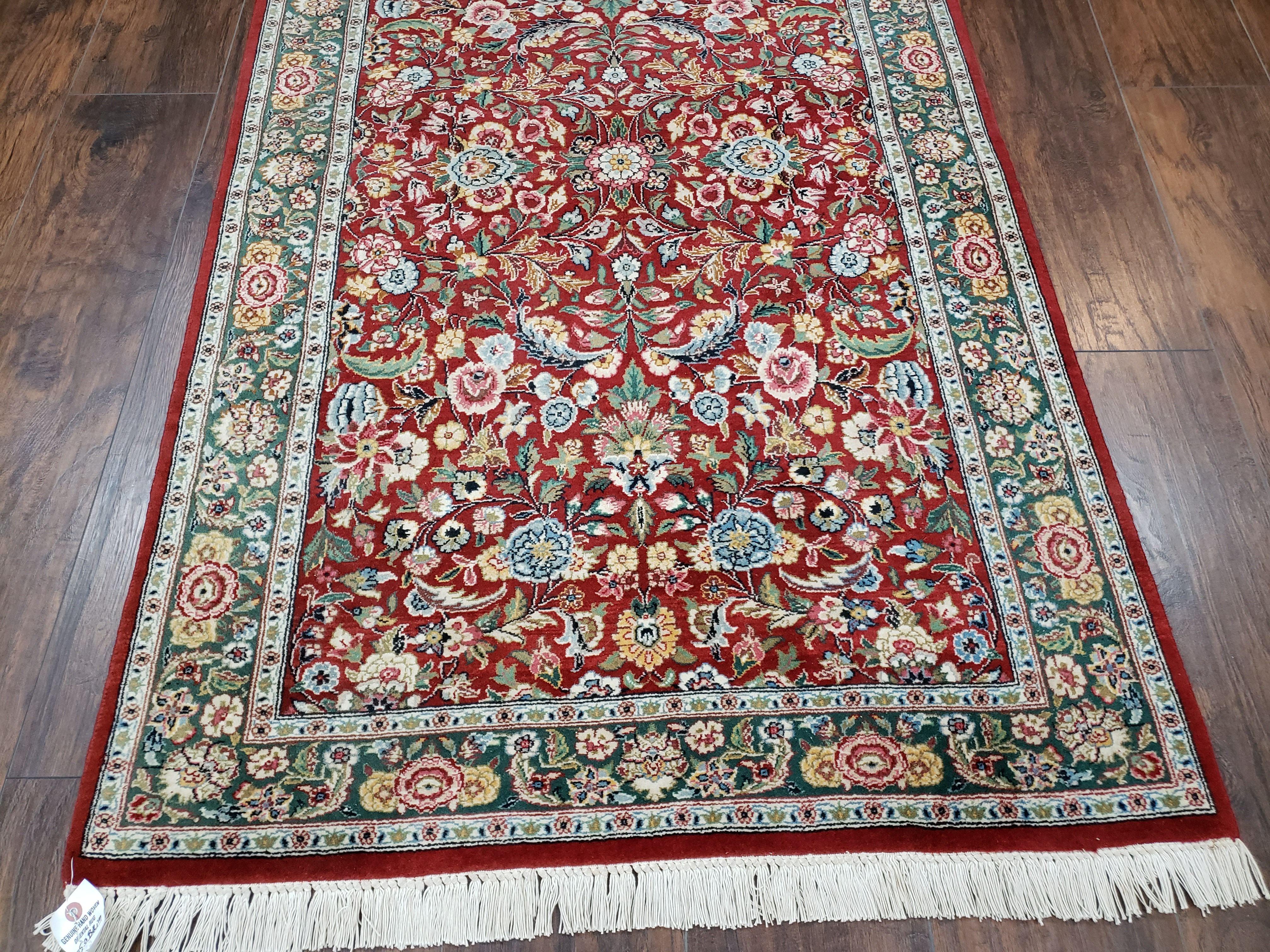 Indo-Persian Rug 3x5, Vintage Traditional Oriental Carpet 3 x 5, Afshan Allover Floral Pattern Red & Green Wool Hand-Knotted Fine Indian Rug - Jewel Rugs