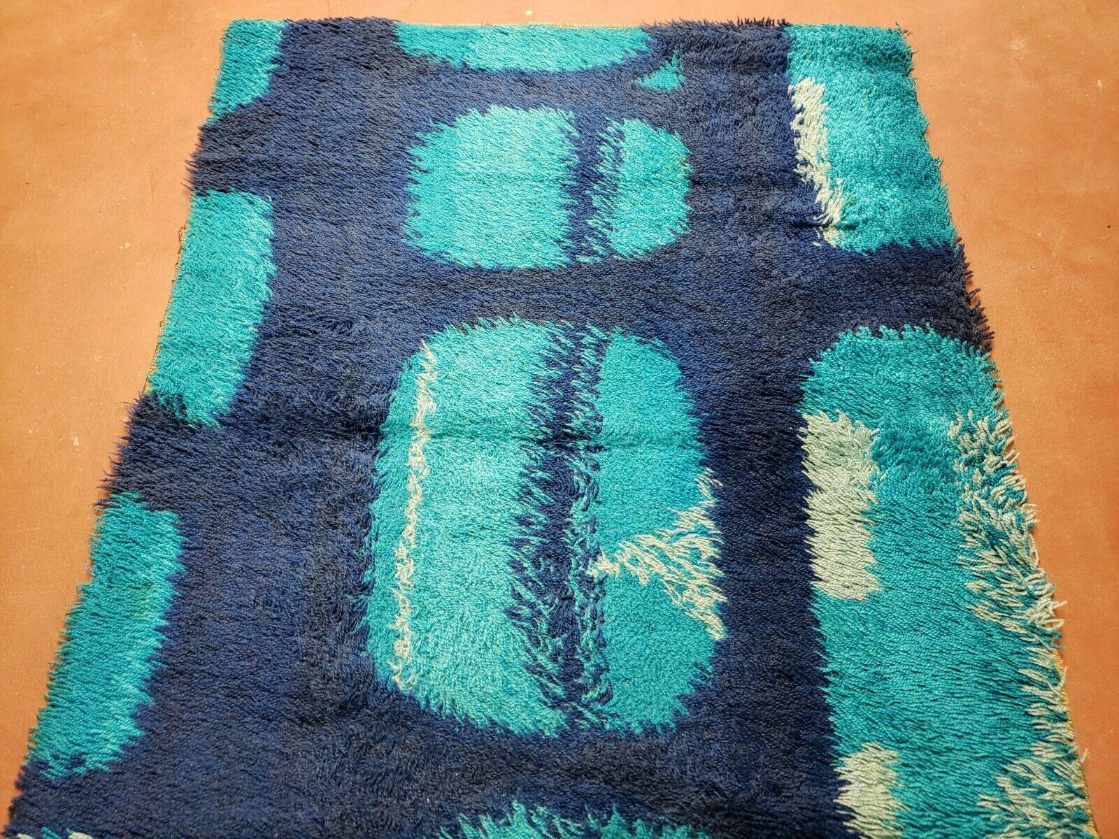 3' 3" X 5' 2" Vintage Danish Rya Shag DeLuxe Ege Rug Mid-Century Modern Blue - Jewel Rugs