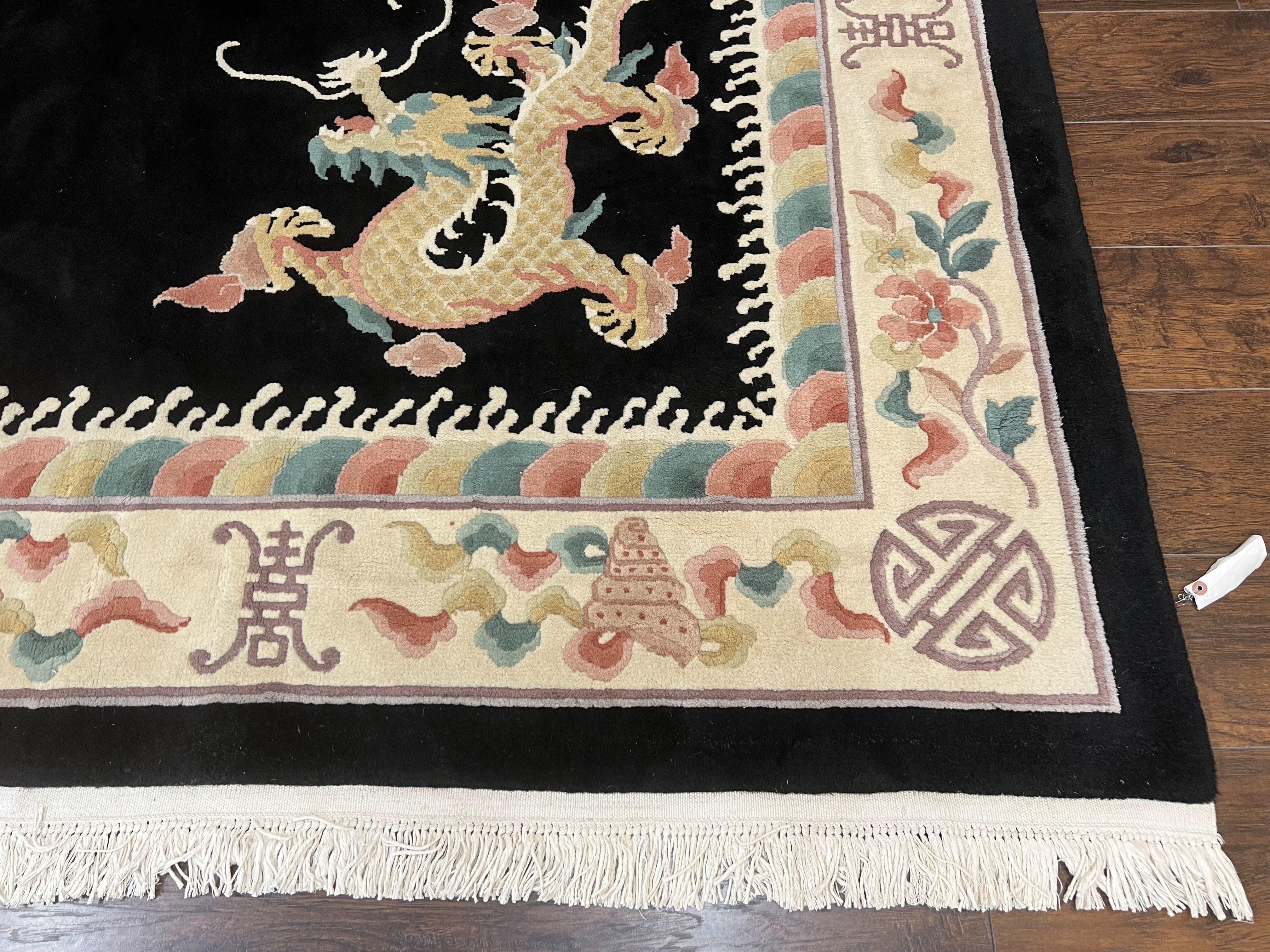 Chinese Wool Rug 8x11, Dragon Medallion and Dragon Corners, Black and Beige, Soft Wool, Asian Oriental Art Deco Carpet, Hand Knotted 90 Line - Jewel Rugs