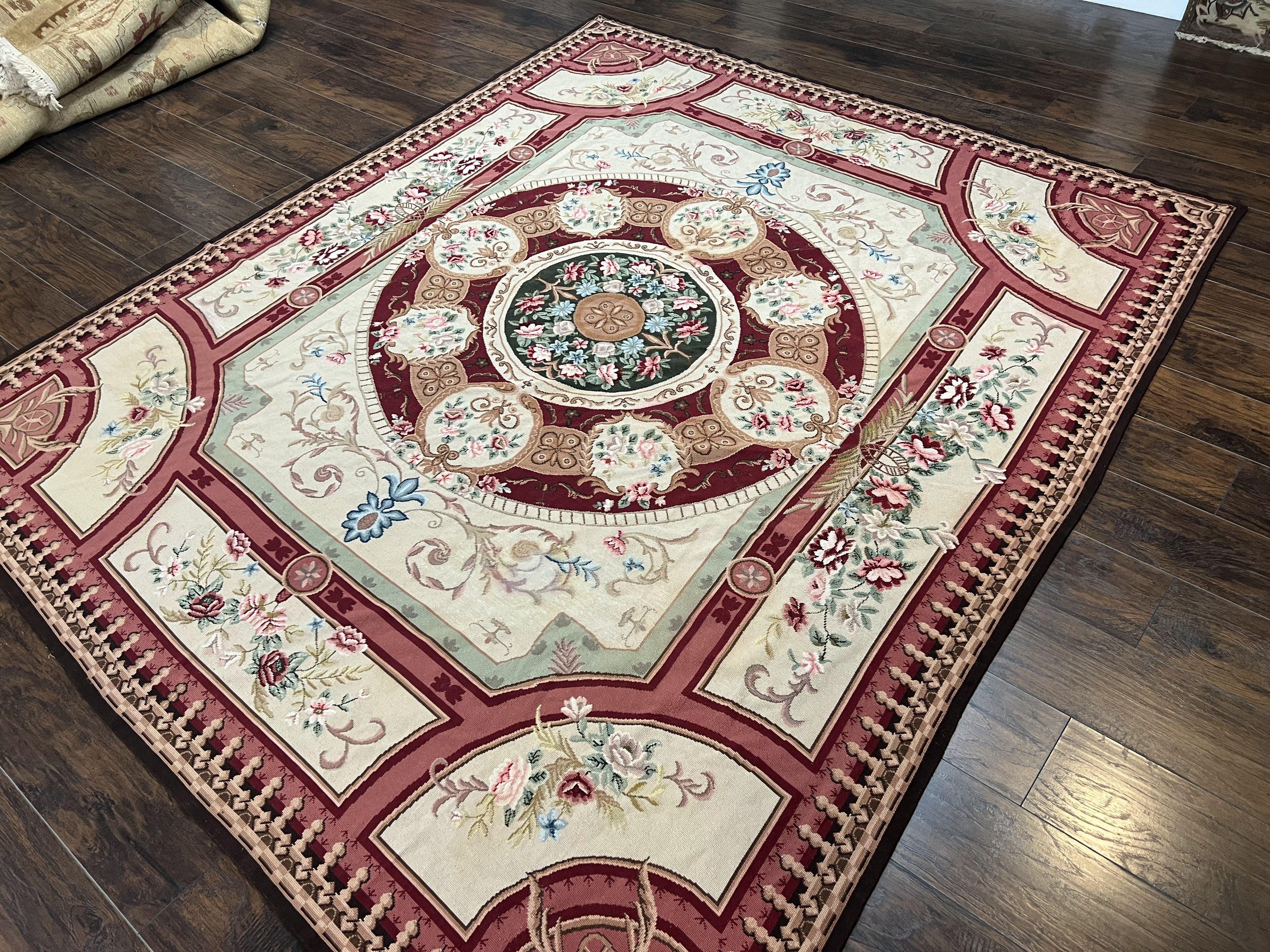 Needlepoint Rug 7.9 x 9, Beige Maroon Rose, Handmade Handwoven Flatweave Aubusson Savonnerie French European Elegant Carpet, Wool Rug - Jewel Rugs