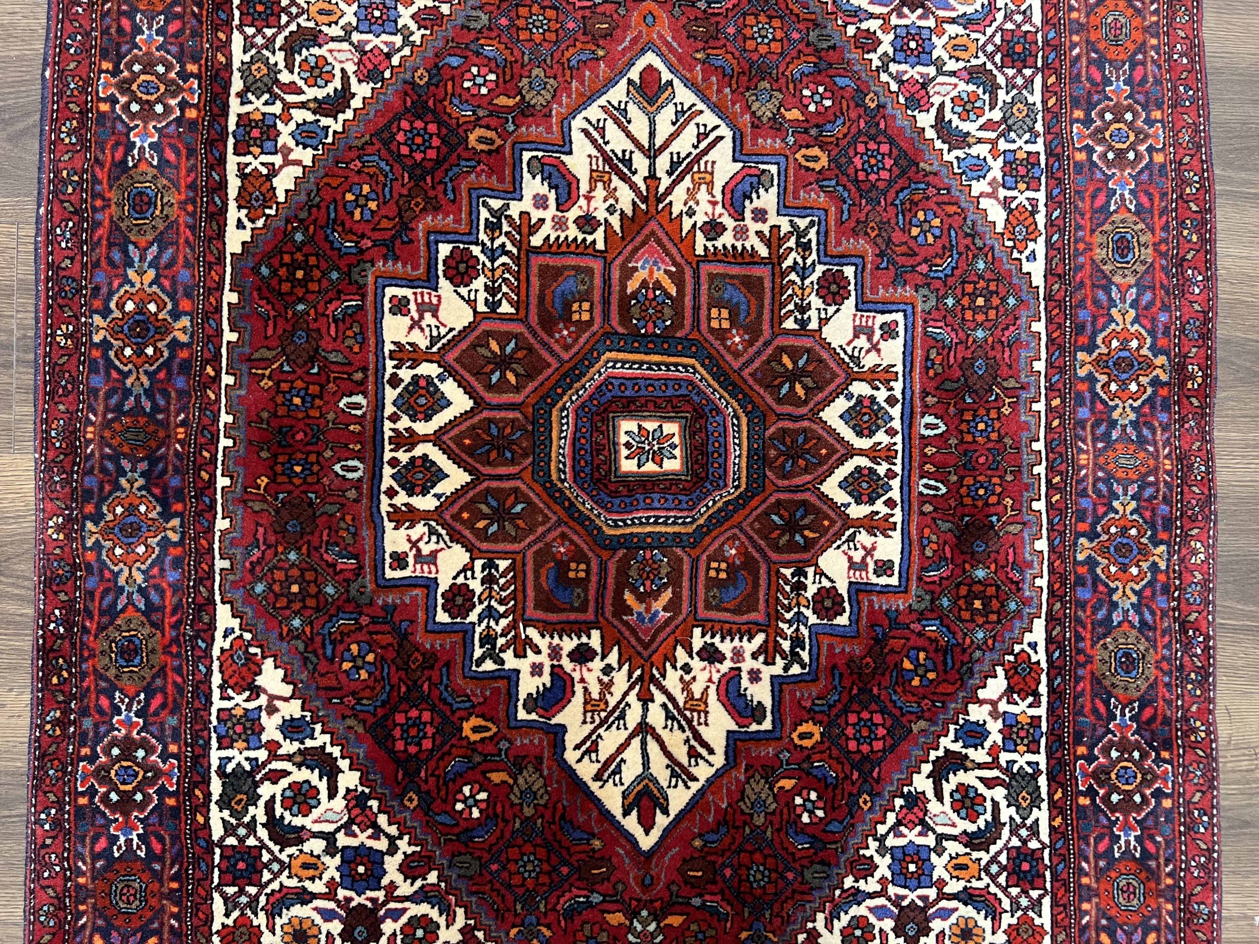 Fine Persian Bidjar Rug 3x5, Geometric Medallion Oriental Bijar Carpet 3 x 5 ft, Ruby Red and Cream, Hand Knotted Wool Rug, Semi Antique Tribal Rug, Nice - Jewel Rugs