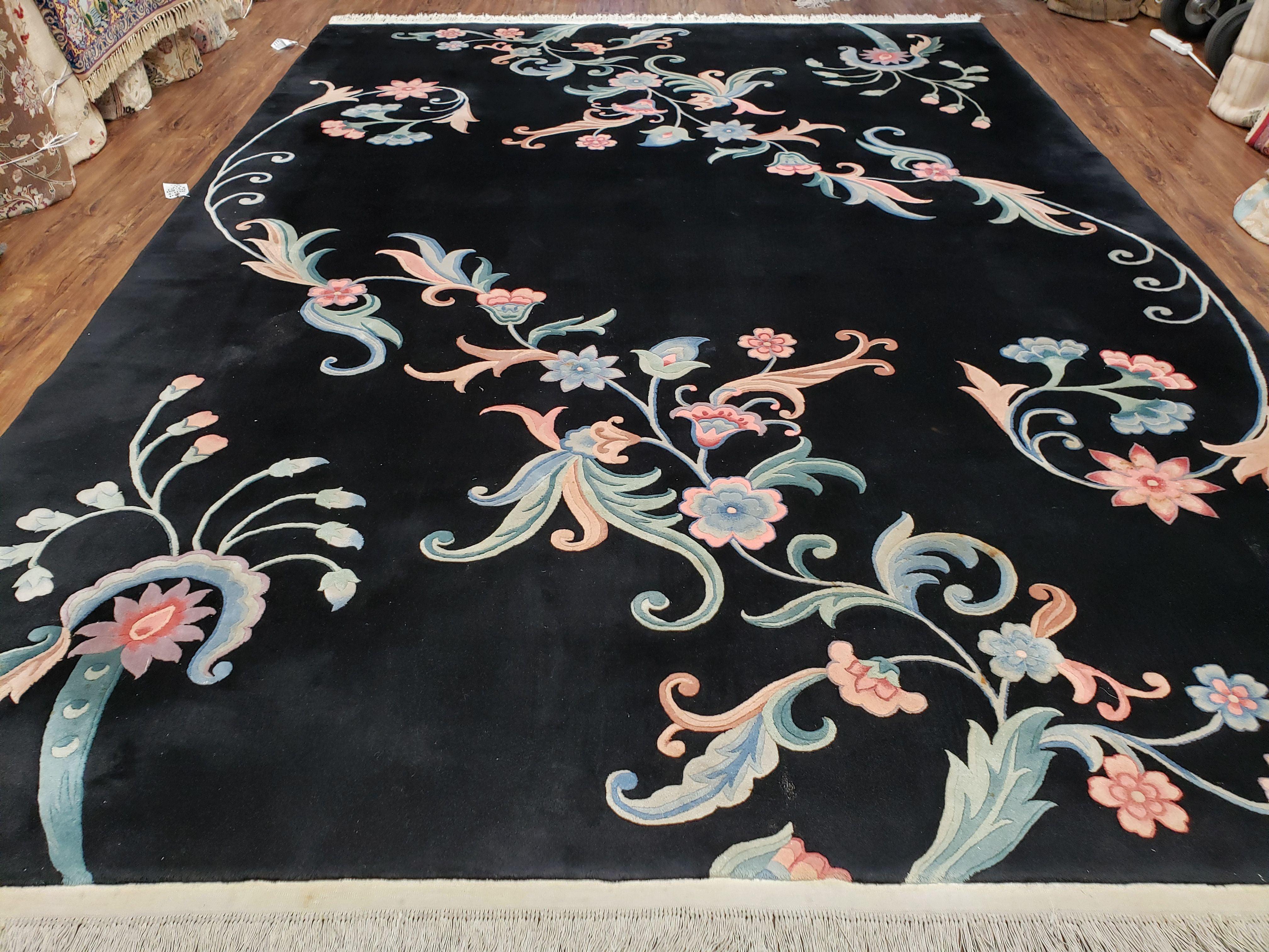 9x12 Chinese Art Deco Rug Black Wool Area Rug 120 Lines Flowers Handmade Carpet - Jewel Rugs