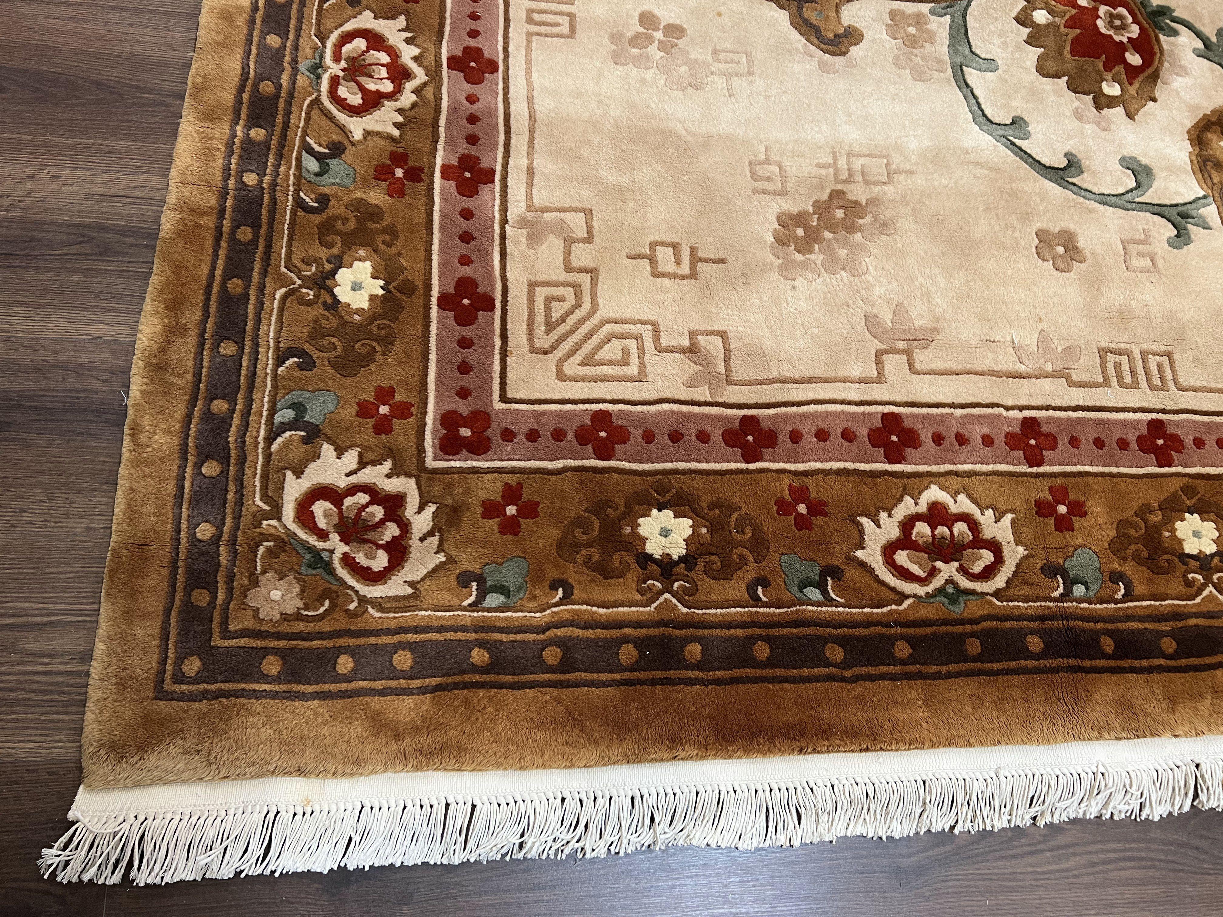 Chinese Wool Rug 9x12, Tan and Brown Asian Art Deco Carpet, Vintage 1960s Oriental Rug 9 x 12 Hand-Knotted Rug, Soft Wool, Medallion, Pair A - Jewel Rugs