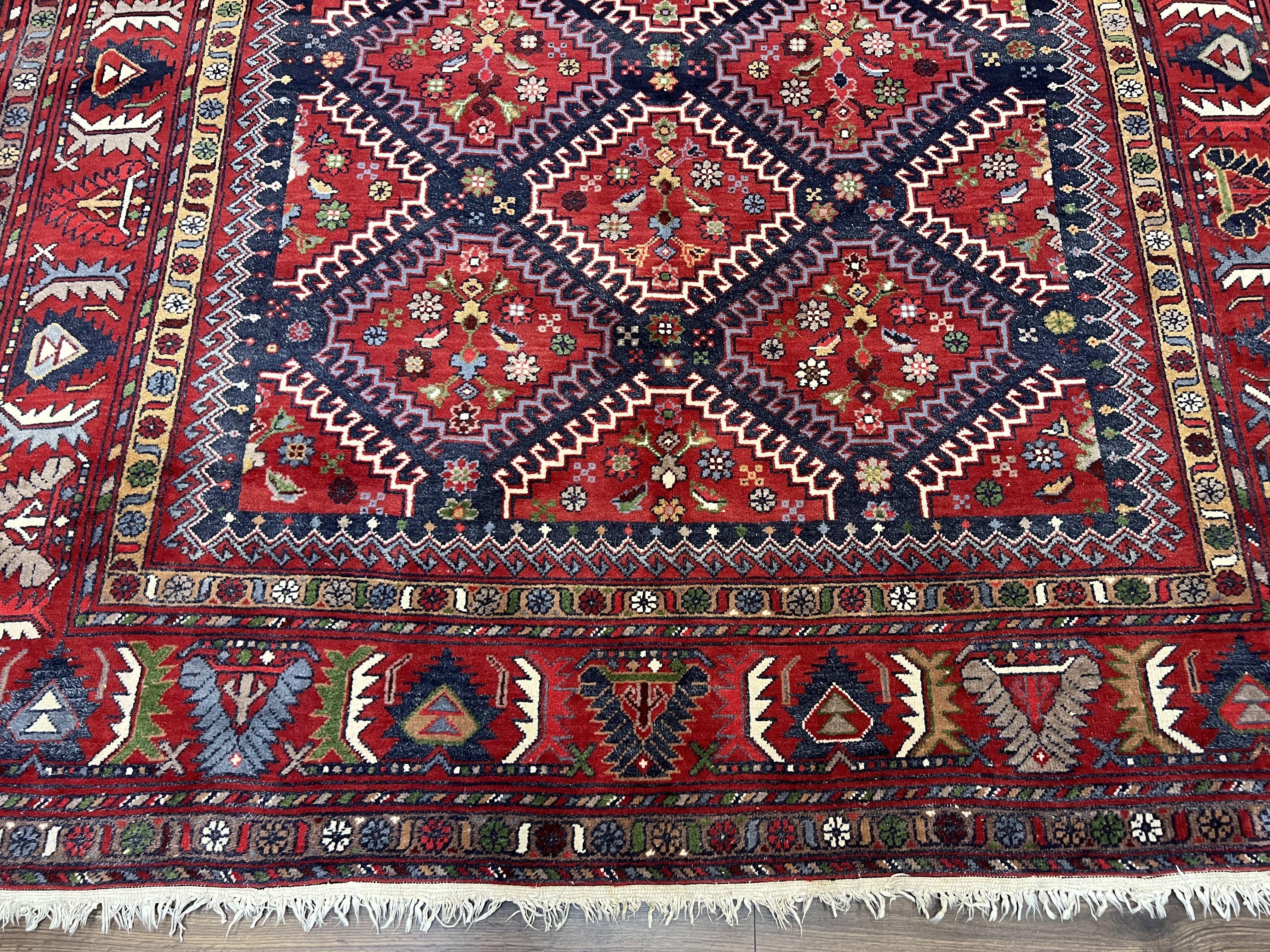 Wonderful Persian Rug 7x10, Persian Shiraz Yalameh Tribal Rug 7 x 10, Semi Antique Colorful Persian Carpet, Geometric Diamond, Handmade Wool, Red Navy Blue - Jewel Rugs