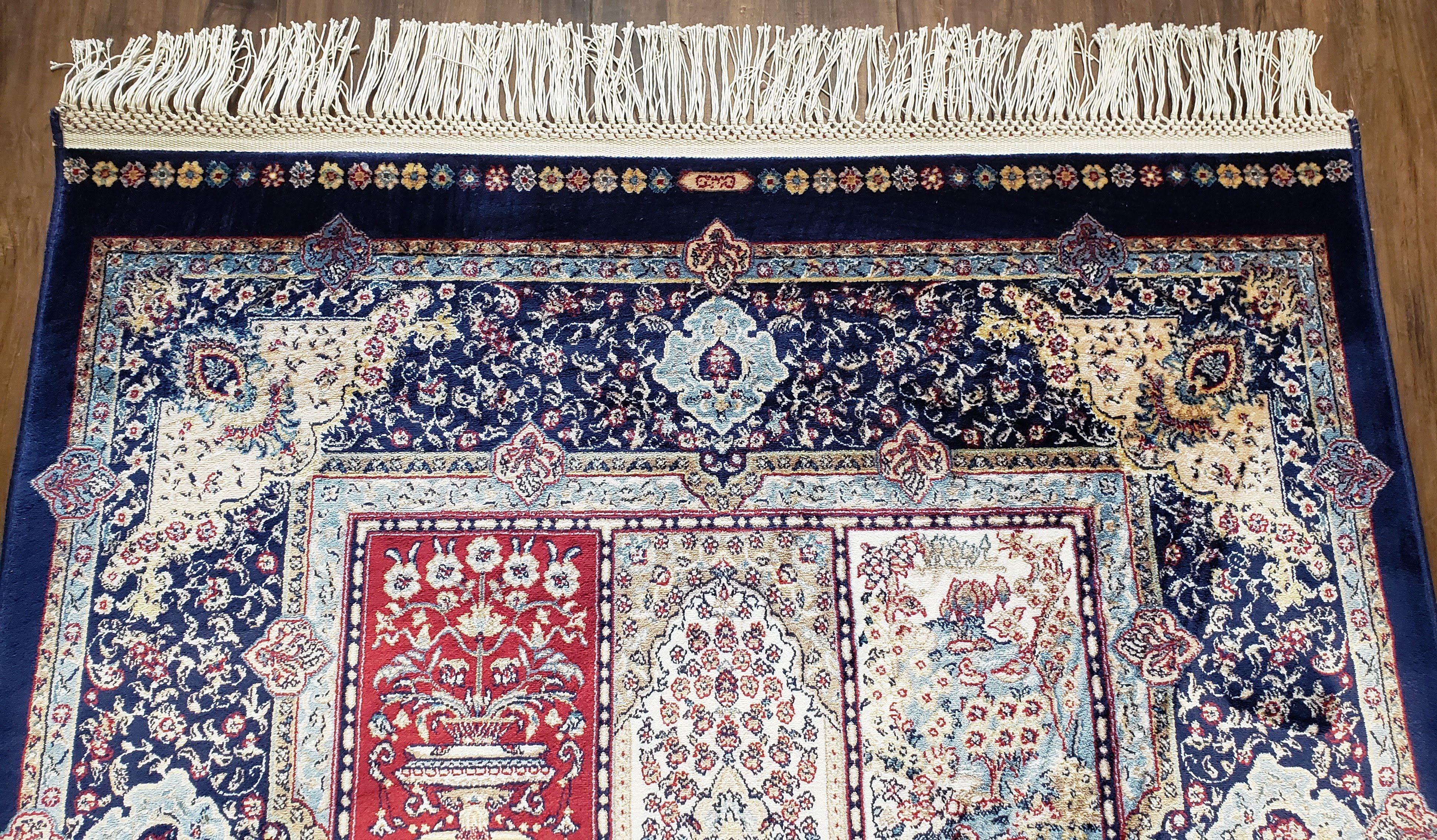 Silk Rug Turkish, Panel Design, Blues and Ivory, Bamboo Silk, Turkish Silk Carpet, Short Runner Rug, New Oriental Carpet, 2' 8" x 6' 7" - Jewel Rugs