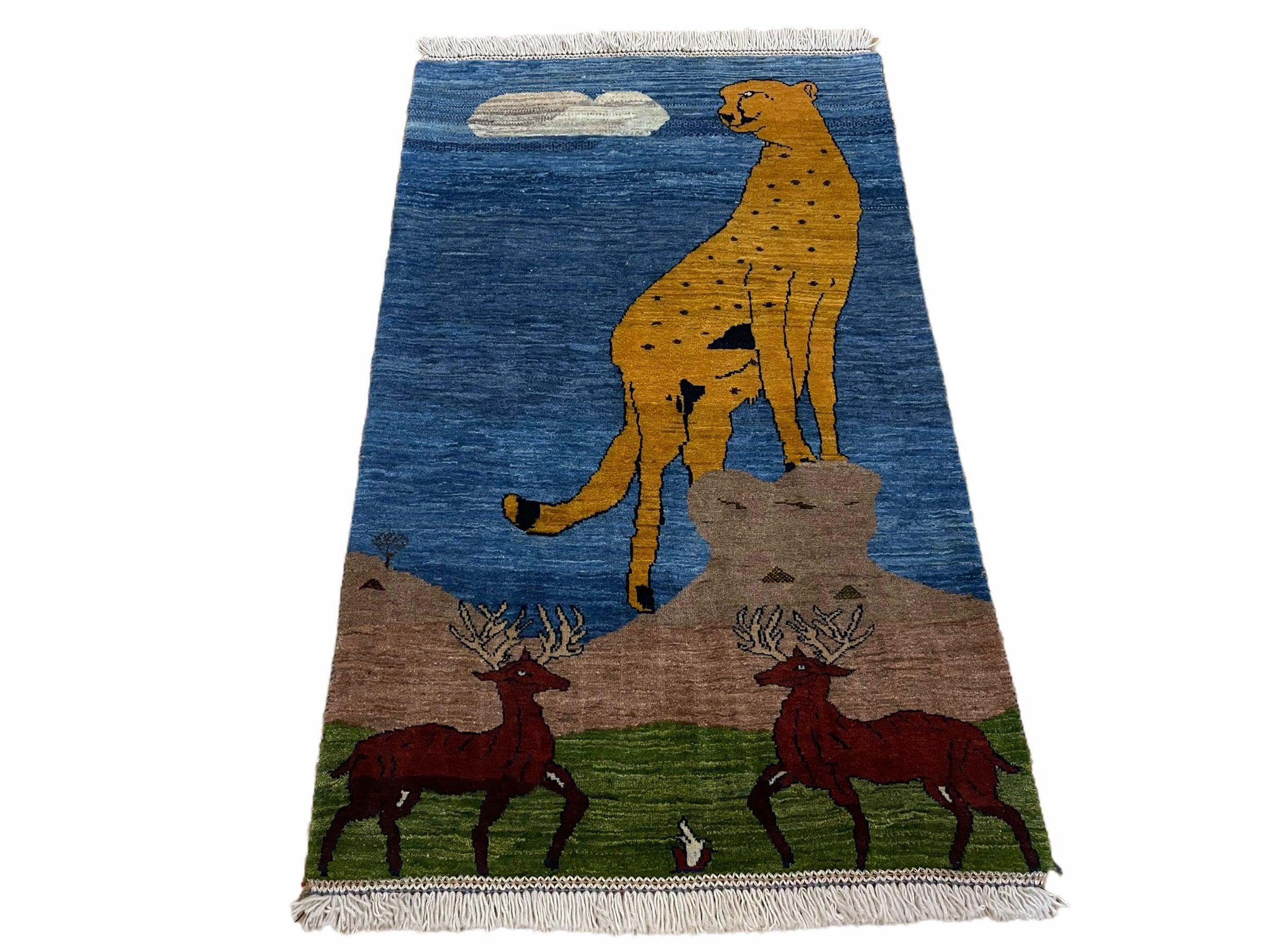 3 x 5 Handmade New Vintage Wool Blue Rug Leopard Lion Jaguar Deer Organic Dyes - Jewel Rugs