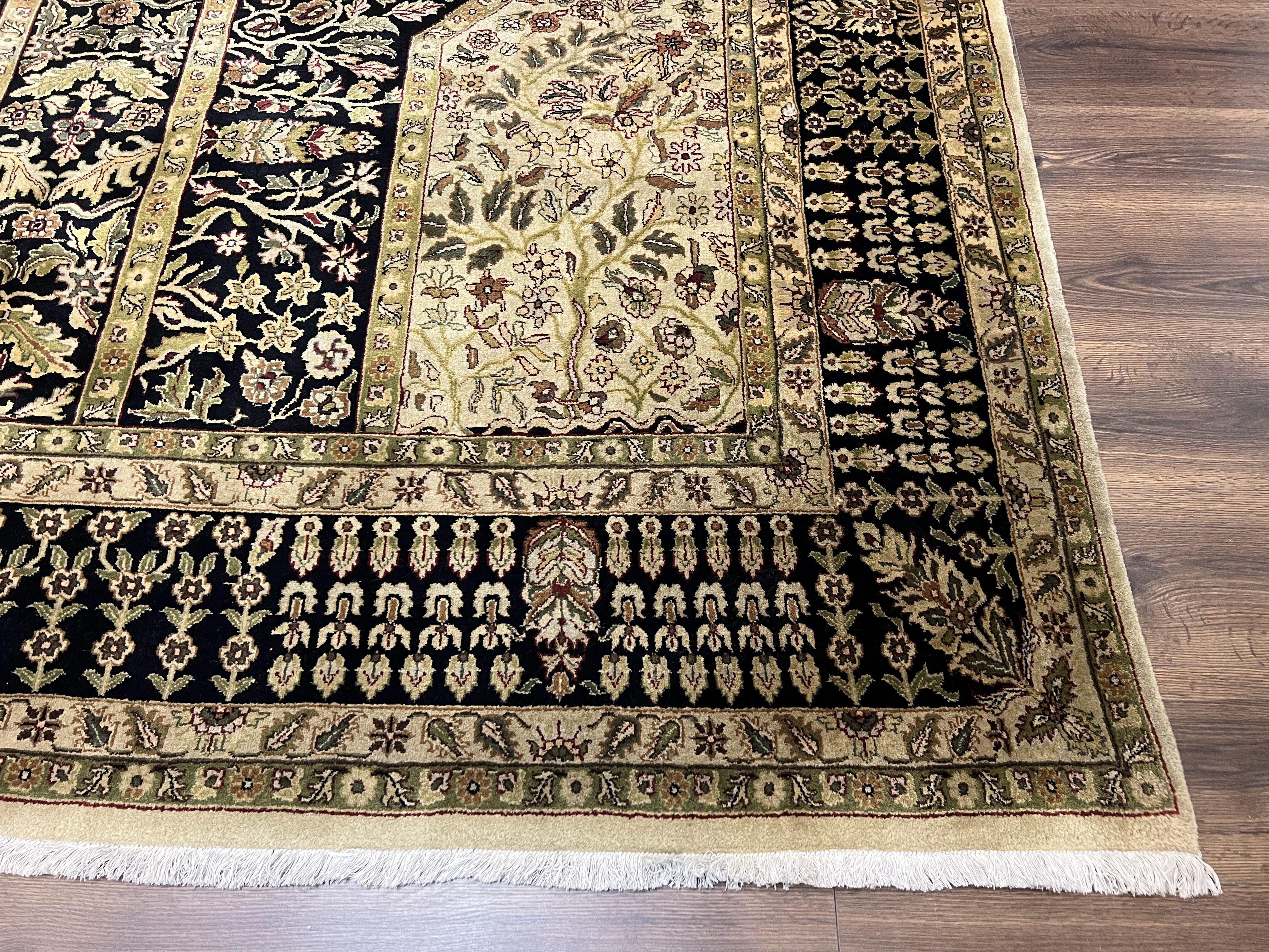 Indo Persian Rug 8x10, Floral Four Seasons Design, Fine Vintage Indian Oriental Carpet 8 x 10, Wool Hand Knotted Rug, Beige/Tan Black Maroon - Jewel Rugs