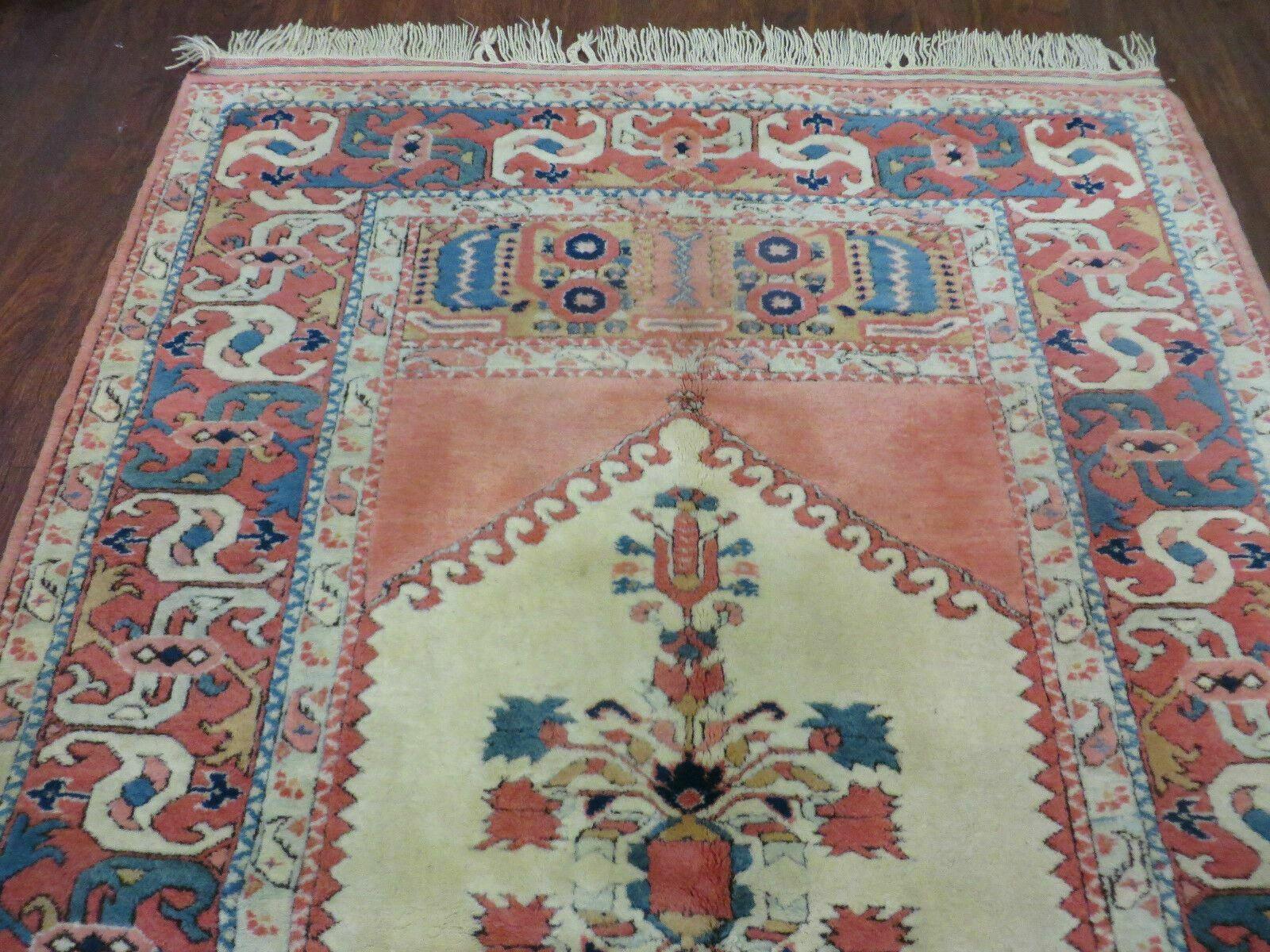 4.5' X 7.5' Vintage Handmade Turkish Wool Rug Heriz Carpet Pink Peach Red Ivory Bohemian Boho Chic Interior Design - Jewel Rugs