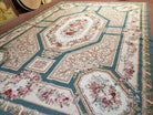 9x12 Needlepoint Rug Flatweave Carpet Aubusson Rug One-of-a-Kind Hand-Knotted Wool Rug Living Room Rug Vintage Floral Pattern Green & Beige - Jewel Rugs