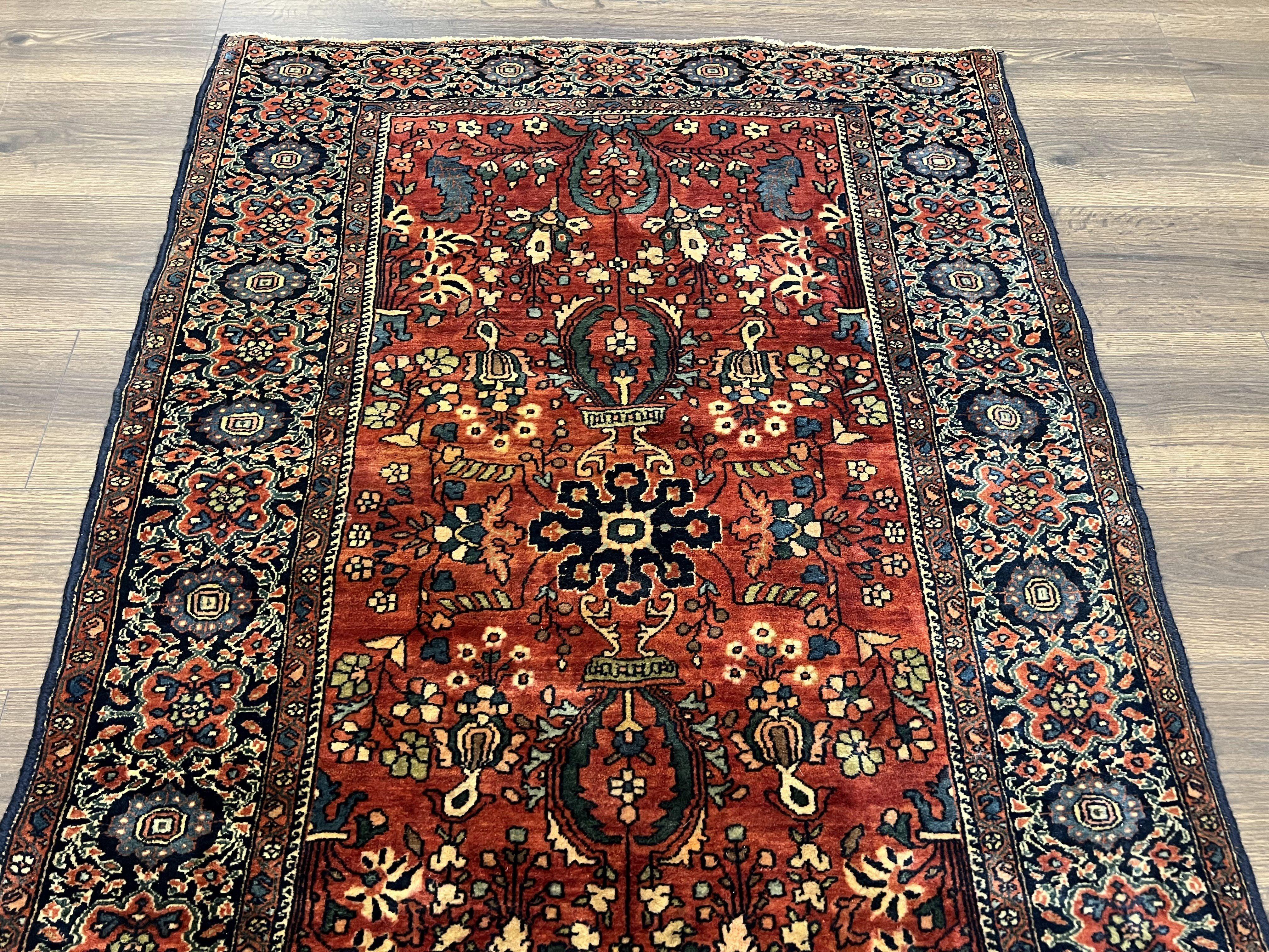 Beautiful Antique Persian Sarouk Farahan Rug 3x6, Red Navy Blue Oriental Carpet, Wool Handmade Rug, High Quality Collectible 1920s Feraghan Rug - Jewel Rugs