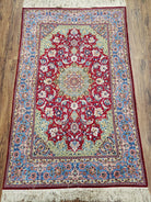 Semi Antique Persian Isfahan Rug, Kork Wool on Silk Foundation, Red & Blue, Top Quality, 3'6" x 5' 6" - Jewel Rugs