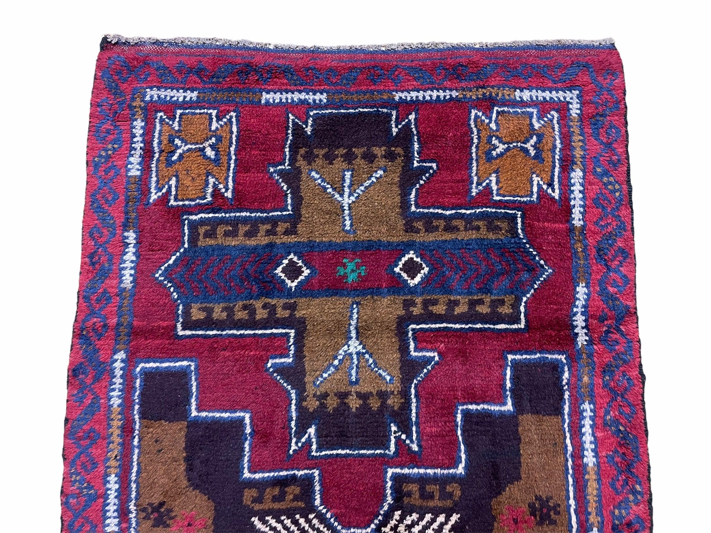 2' 10" X 4' 9" Vintage Handmade Tribal Wool Rug Balouchi Rug Afghan Rug Red Blue - Jewel Rugs