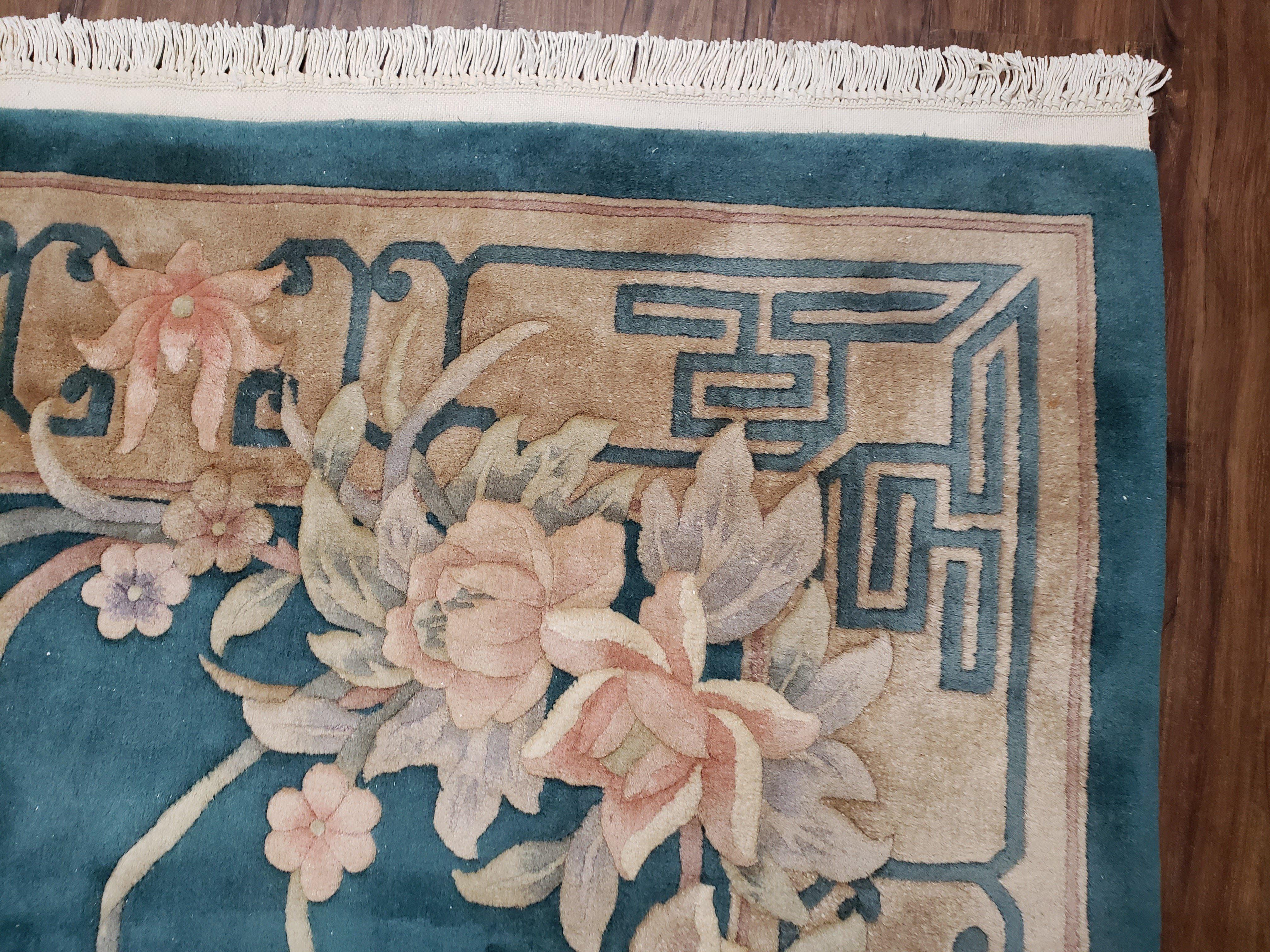 Chinese Carving Rug, 8x10 Rugs, Teal and Beige Chinese Carpet, Chinese 90 Line Rug, Vintage Chinese Art Deco Wool Rug, Handmade Rug, Floral - Jewel Rugs