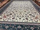 Oversized Persian Rug 12x18, Palace Sized Wool Oriental Carpet Handmade, Ivory/Cream Midnight Green, Floral Allover, Elegant, Traditional - Jewel Rugs