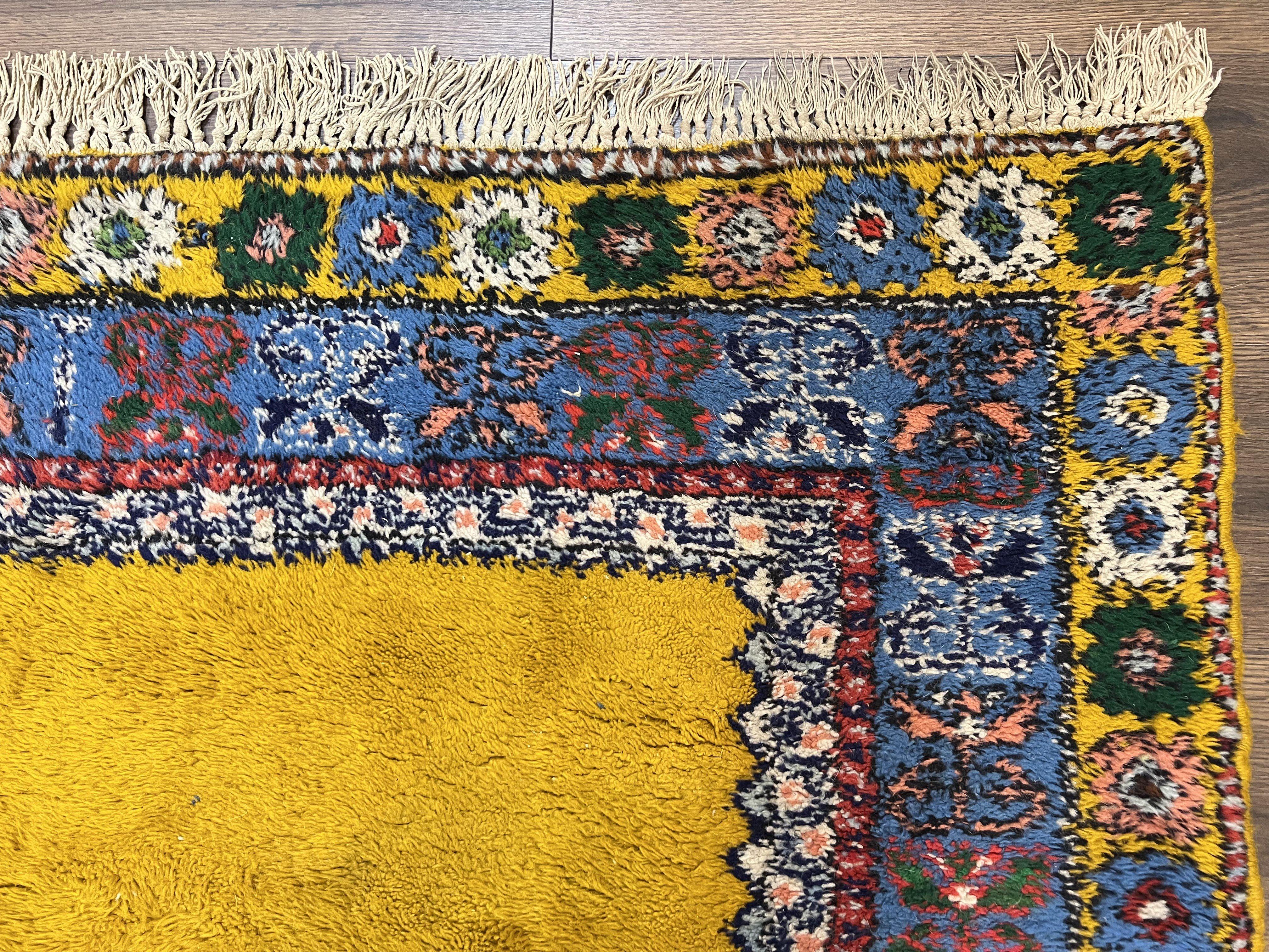 Bright Moroccan Rug 5x6, Rabat Rug 5 x 6, Mustard Yellow and Blue, Open Field and Medallion, Soft Wool Oriental Carpet, Handmade Vintage Rug - Jewel Rugs