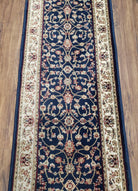 Dark Blue Vintage Runner Rug 2.2 x 7.7, Wool & Silk Feel, Italian Rug, Floral Persian Design, Soft Pile, Dark Blue Beige/Cream, Part of Set - Jewel Rugs