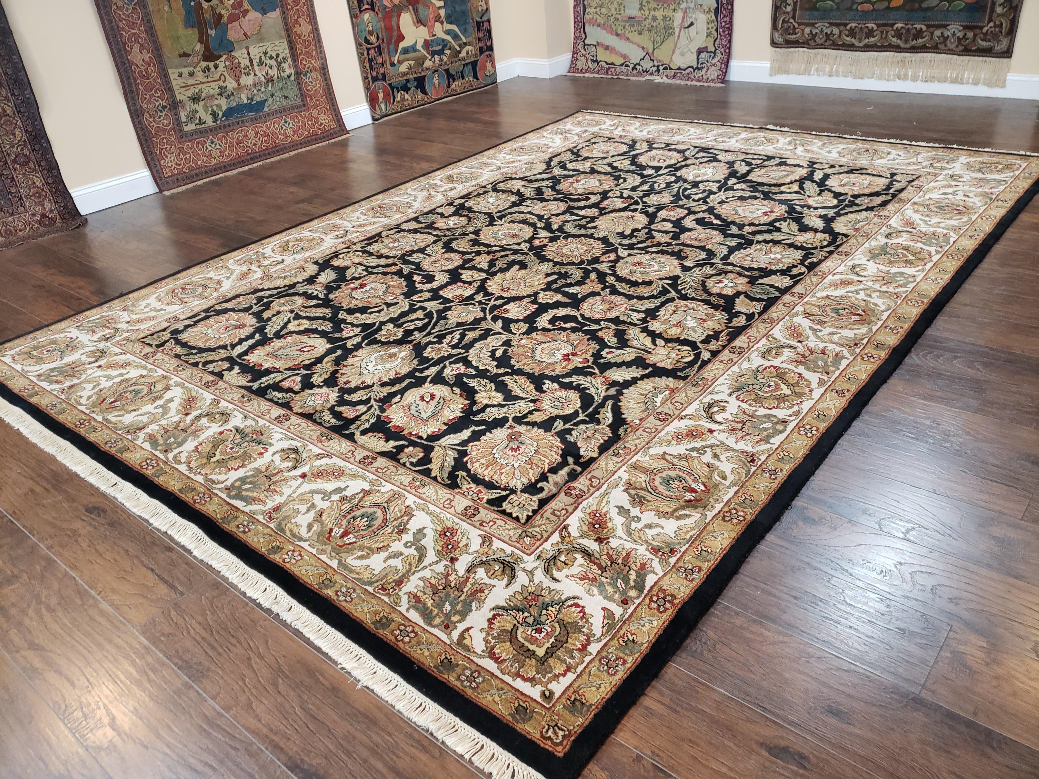 Indo Mahal Rug 9 x 12.6, Room Sized Indian Carpet, Black Ivory Tan, Handmade Wool Area Rug for Living Room, Large Floral Design Allover - Jewel Rugs