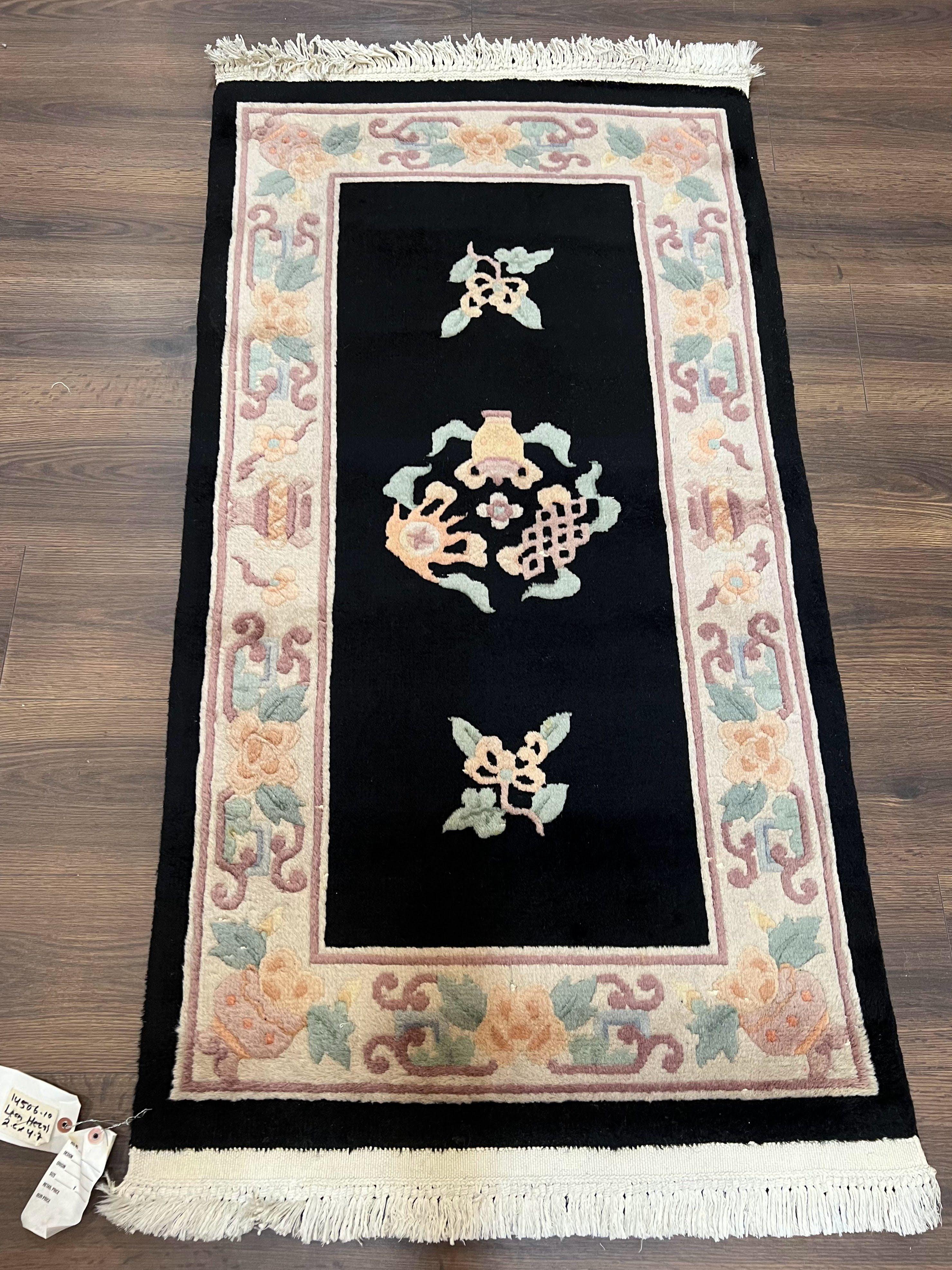 Small Chinese Wool Rug 2.6 x 4.7, Black Asian Oriental Rug, Floral Vases Vintage 1960s Handmade Carpet, 3x5 Art Deco Rug, 90 Line Rug - Jewel Rugs