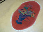 2' X 4' Handmade Antique Chinese Oval Art Deco Nichols Red Wool Rug with Vase & Flowers - Jewel Rugs