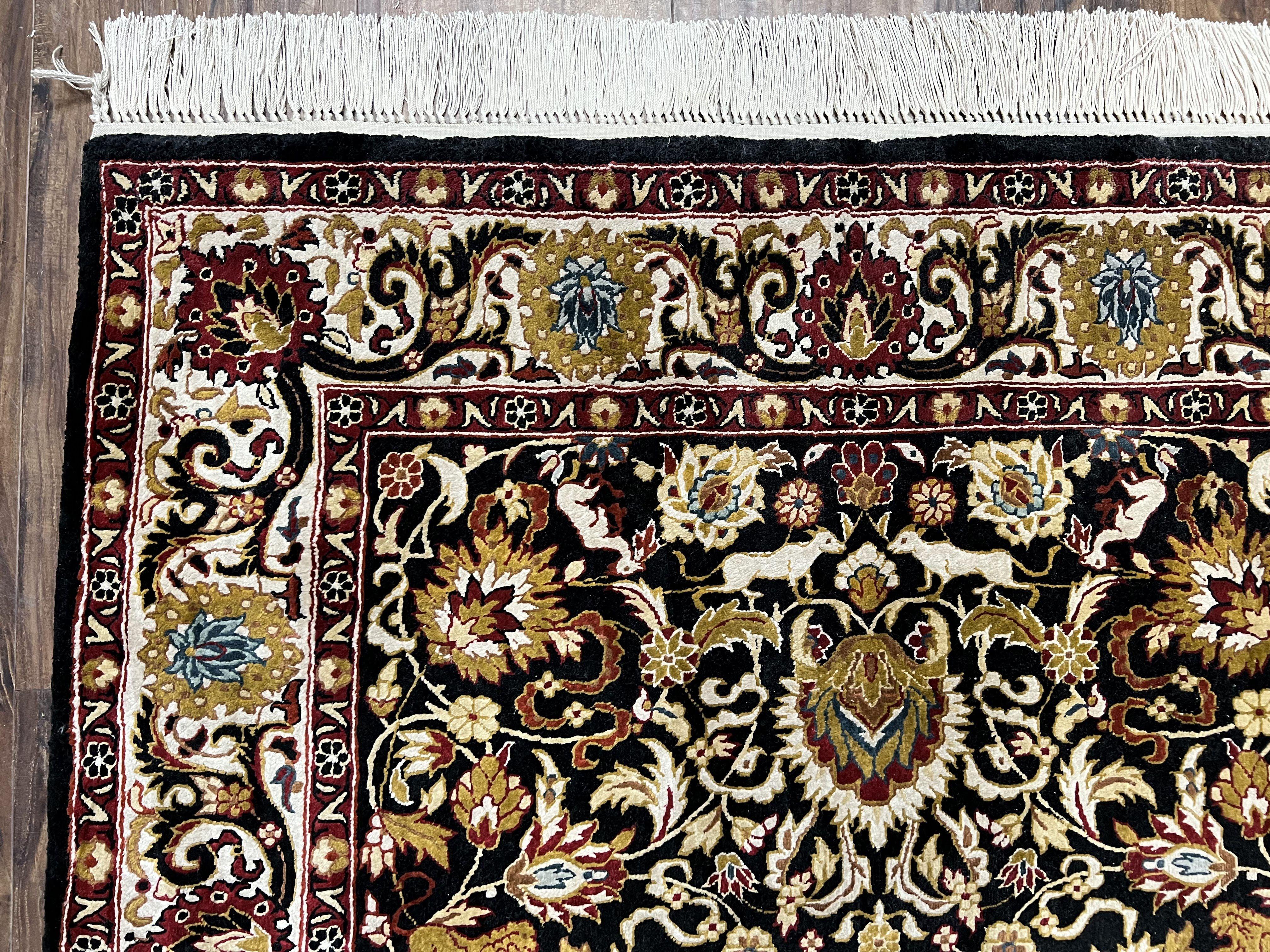 Sino Persian Silk Rug 3x5 Oriental Carpet 3 x 5 Fine Silk Rug, Black Ivory Gold, Animal Motifs, Flowers, High Quality, Vintage Silk Rug Wow - Jewel Rugs