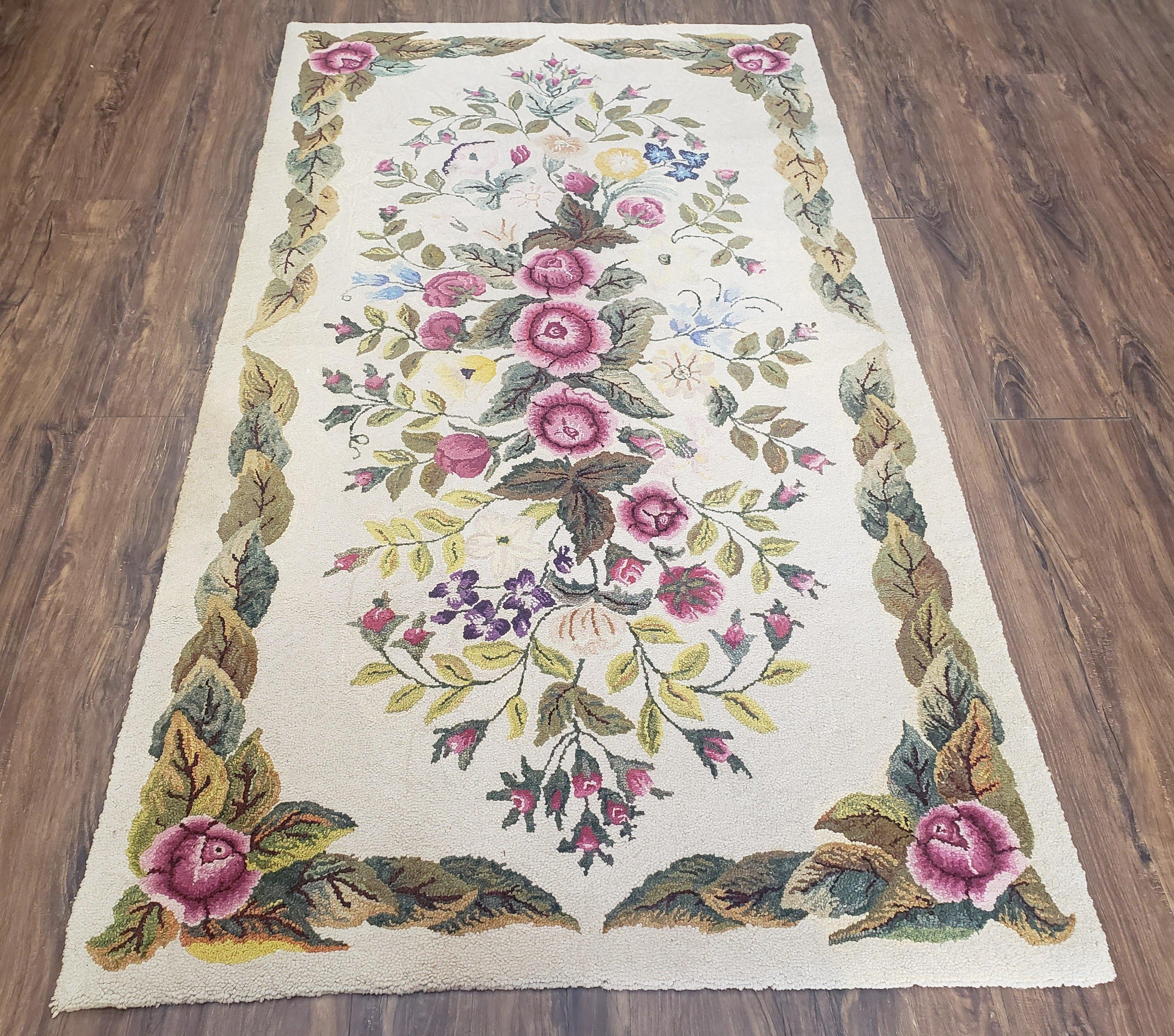 Vintage American Hooked Area Rug 3 x 5.6, Handmade Ivory 3x5 - 3x6 Floral Roses Flower Wool Carpet, Entryway Rug, Pair B - Jewel Rugs