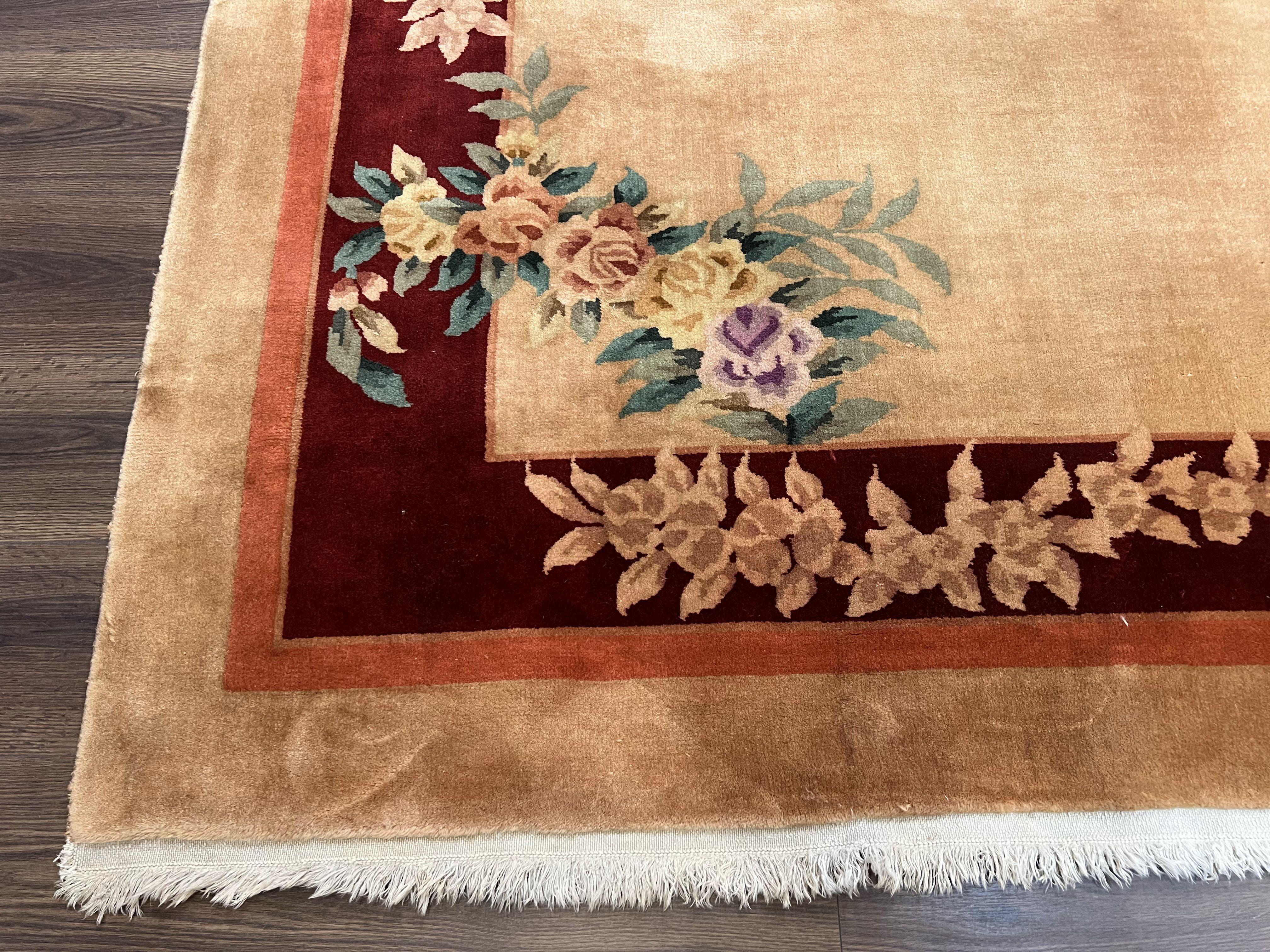 Chinese Art Deco Rug 9x12, Simple Design, Vintage Antique Asian Oriental Carpet, Handmade Wool Rug, Apricot and Maroon, Floral, 1950s Rug - Jewel Rugs