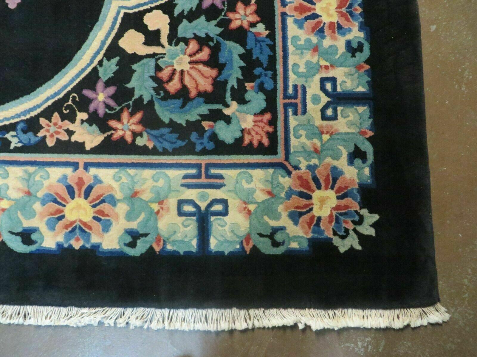 8' x 10' Vintage Handmade Art Deco Plush Chinese Wool Rug center Flower Black - Jewel Rugs