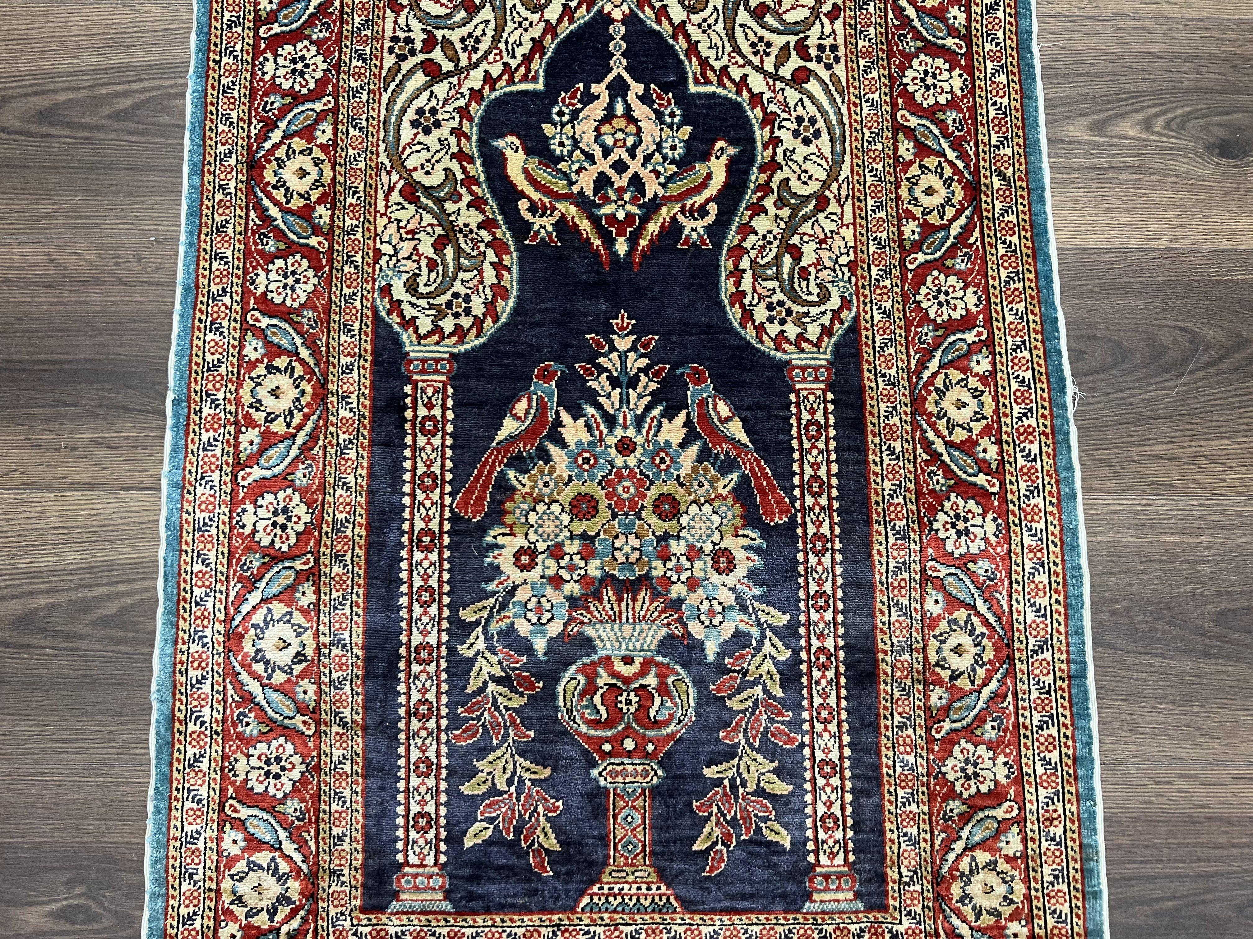 Silk Turkish Hereke Prayer Rug 2.3 x 3.7, Hand Knotted Fine Hereke Carpet, Signature from Master Weave, Flowers Vase Birds Prayer Arch, Nice - Jewel Rugs