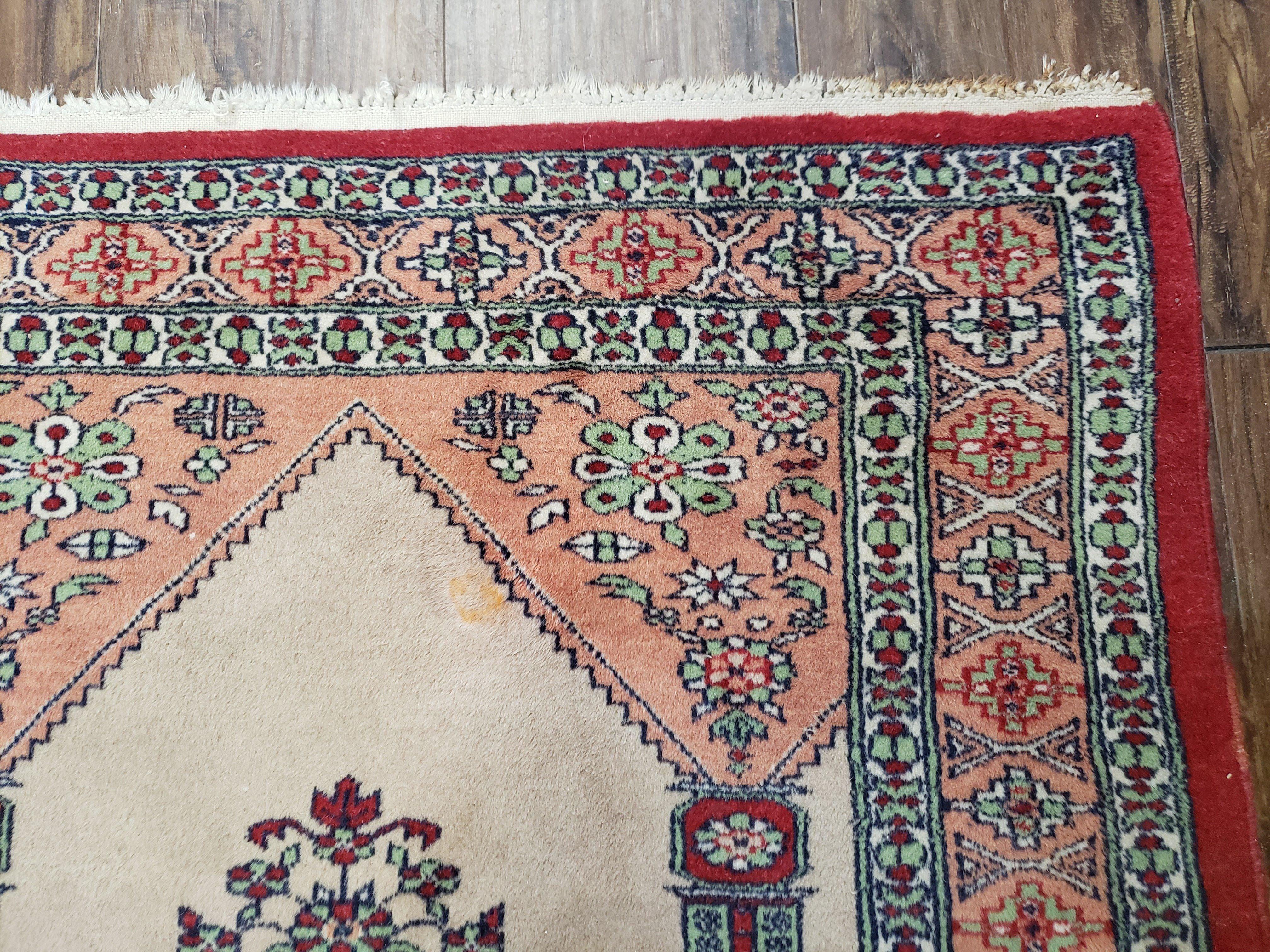 Vintage Turkish Triple Mehrab Area Rug 2.7 x 6.6, Wool Hand-Knotted Horizontal Carpet, Fine Weave, Red Peach Ivory, Nice - Jewel Rugs