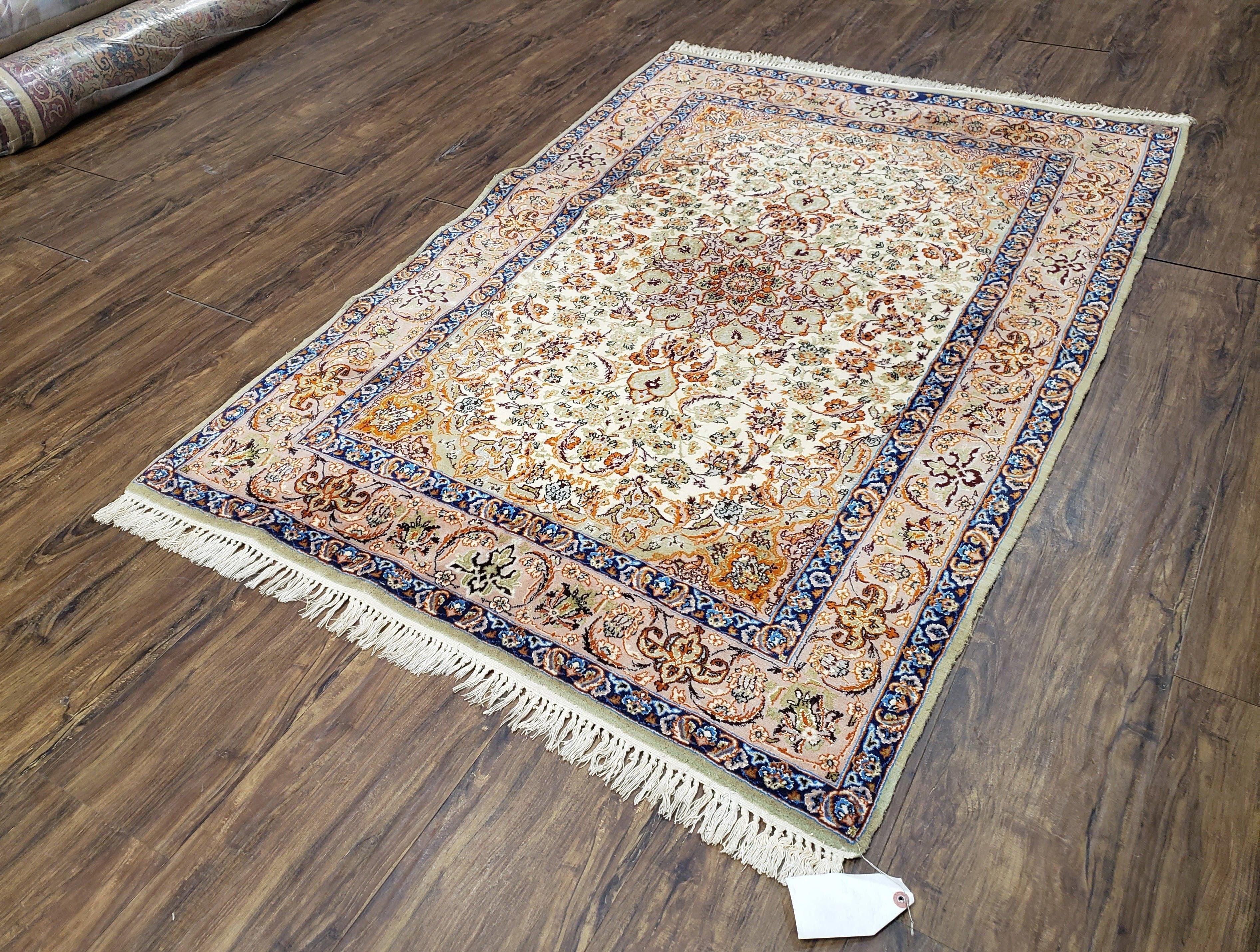 Vintage Persian Isfahan Lachak Toranj Rug, Highly Detailed, Kork Wool on Silk Foundation, Beige and Dark Blue, Hand-Knotted, 3'6" x 5' 4" - Jewel Rugs