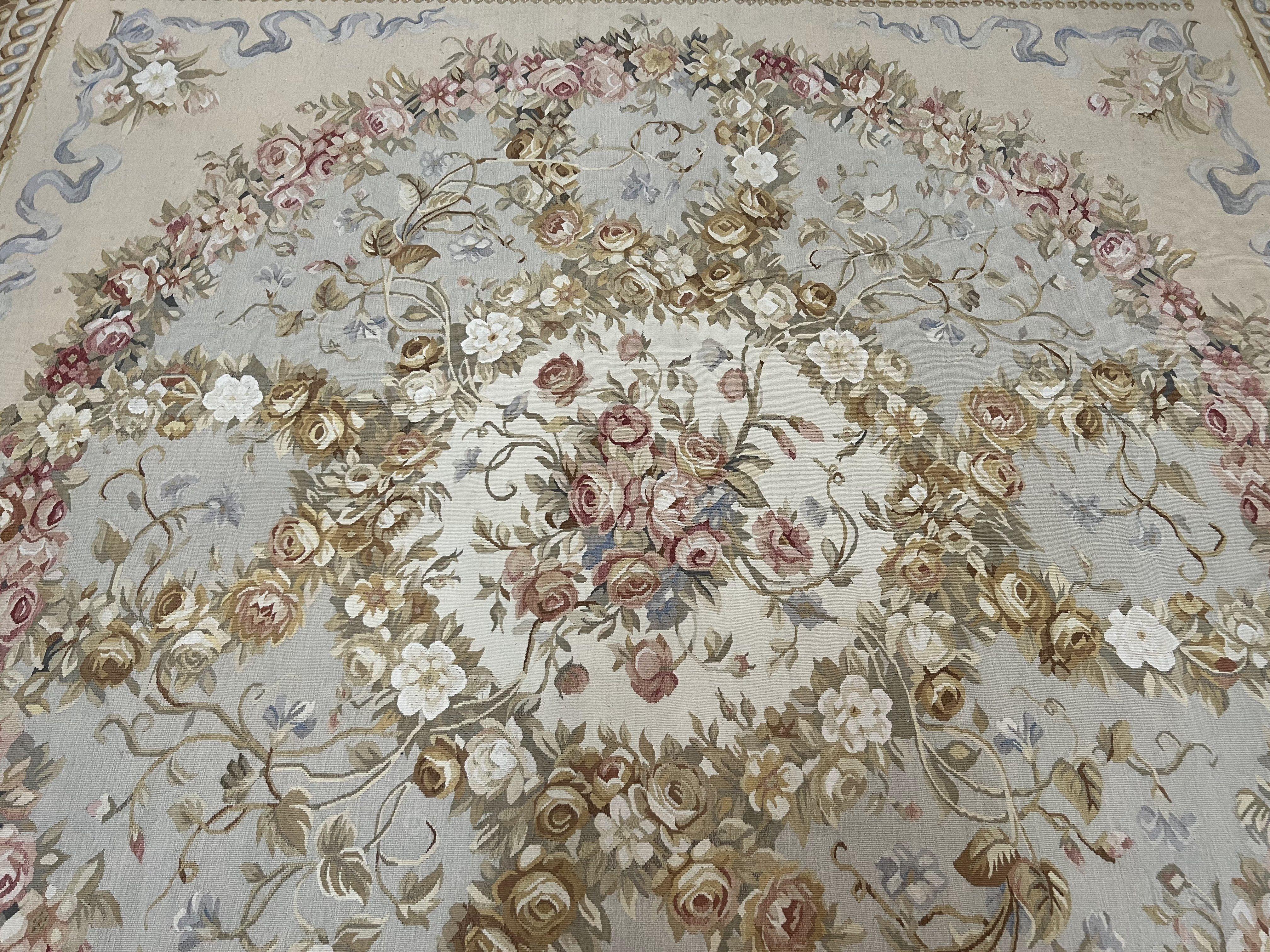 Aubusson Savonnerie Rug 8x10, Vintage French Aubusson Wool Carpet 8 x 10, Hand Woven, Cream and Light Blue, Flatweave, Elegant Floral Rug - Jewel Rugs