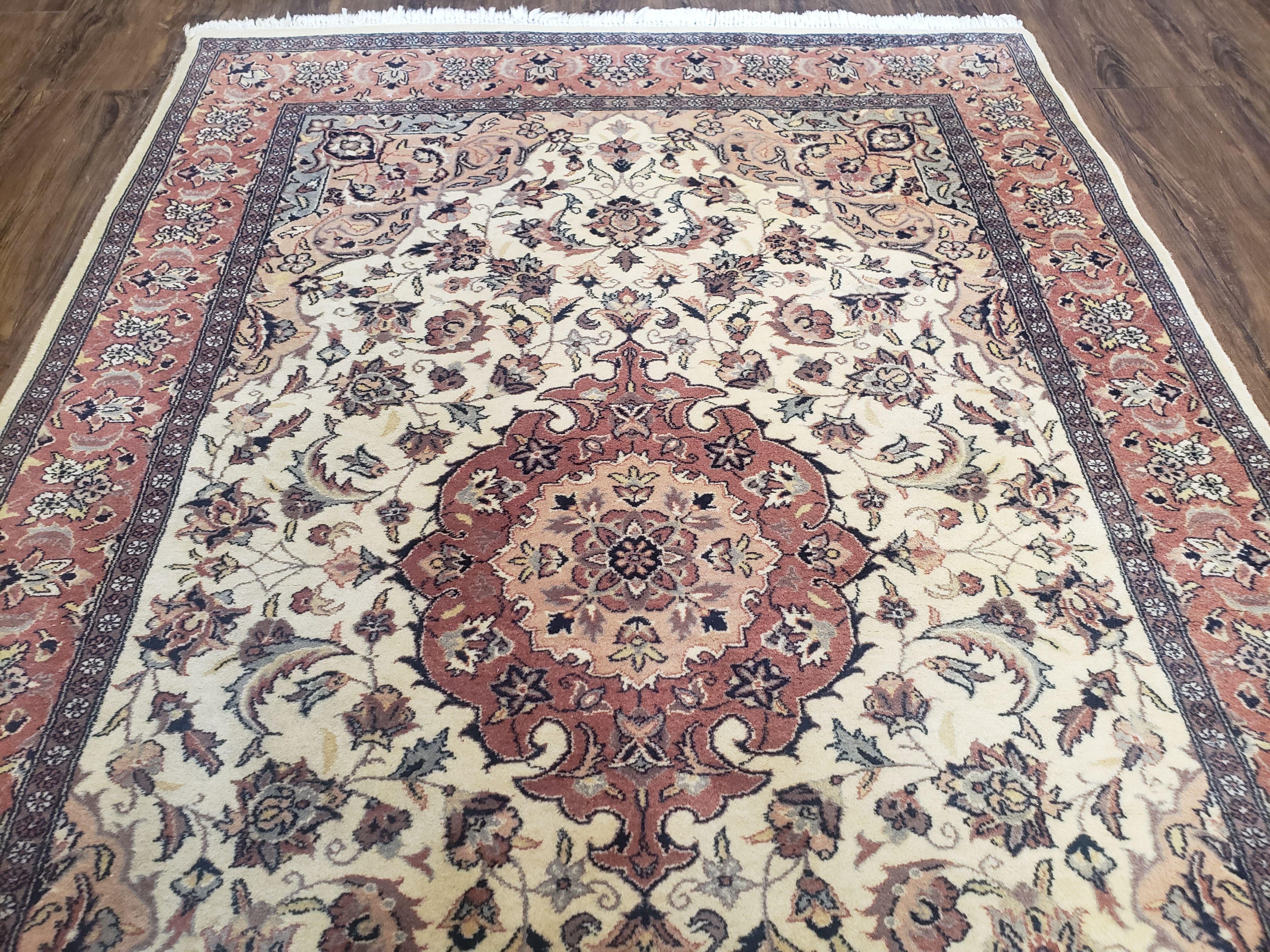 4x6 Handmade Top Quality Pakistani Floral Wool Rug Veg Dyes Carpet Beige Salmon - Jewel Rugs