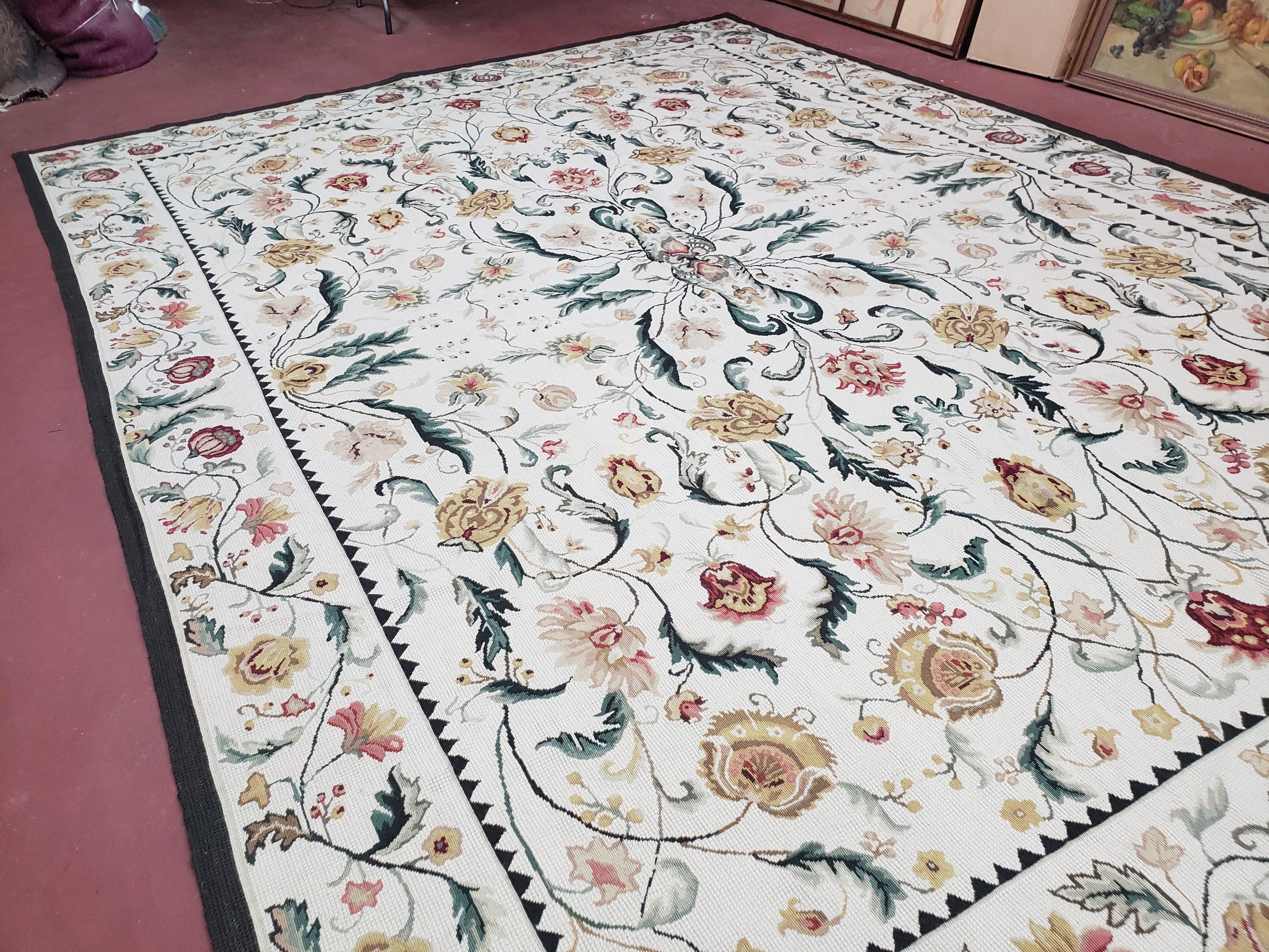 New Needlepoint Rug 9x12, Hand Woven Wool Area Rug, Flatweave Carpet, Handmade Chinese Needlepoint, Floral European Design, Ivory Background - Jewel Rugs