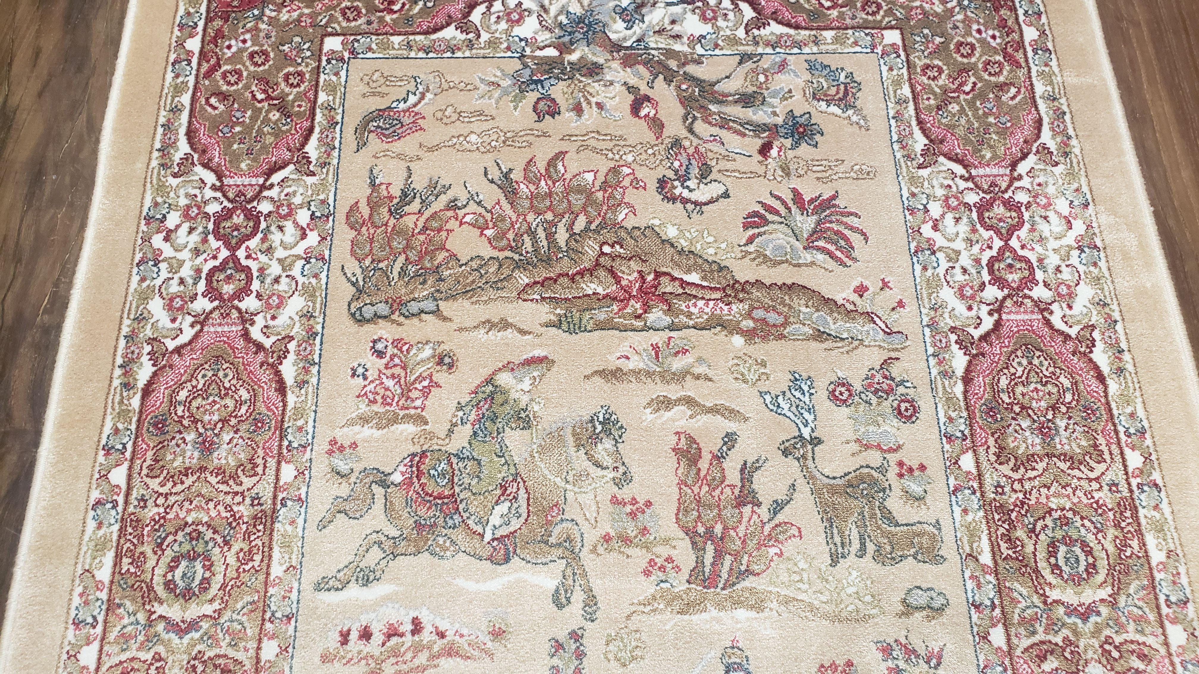 2x3 Silk Carpet, Small Hunting Rug, Hunting Scene, Tan Cream Brown Rug, Bamboo Silk Tapestry Wall Hanging Rug, Horses, New - Jewel Rugs